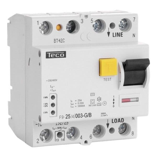 Interrupteur différentiel Teco 4 pôles 25A 30mA type B pouvoir de coupure 10kA vue 1