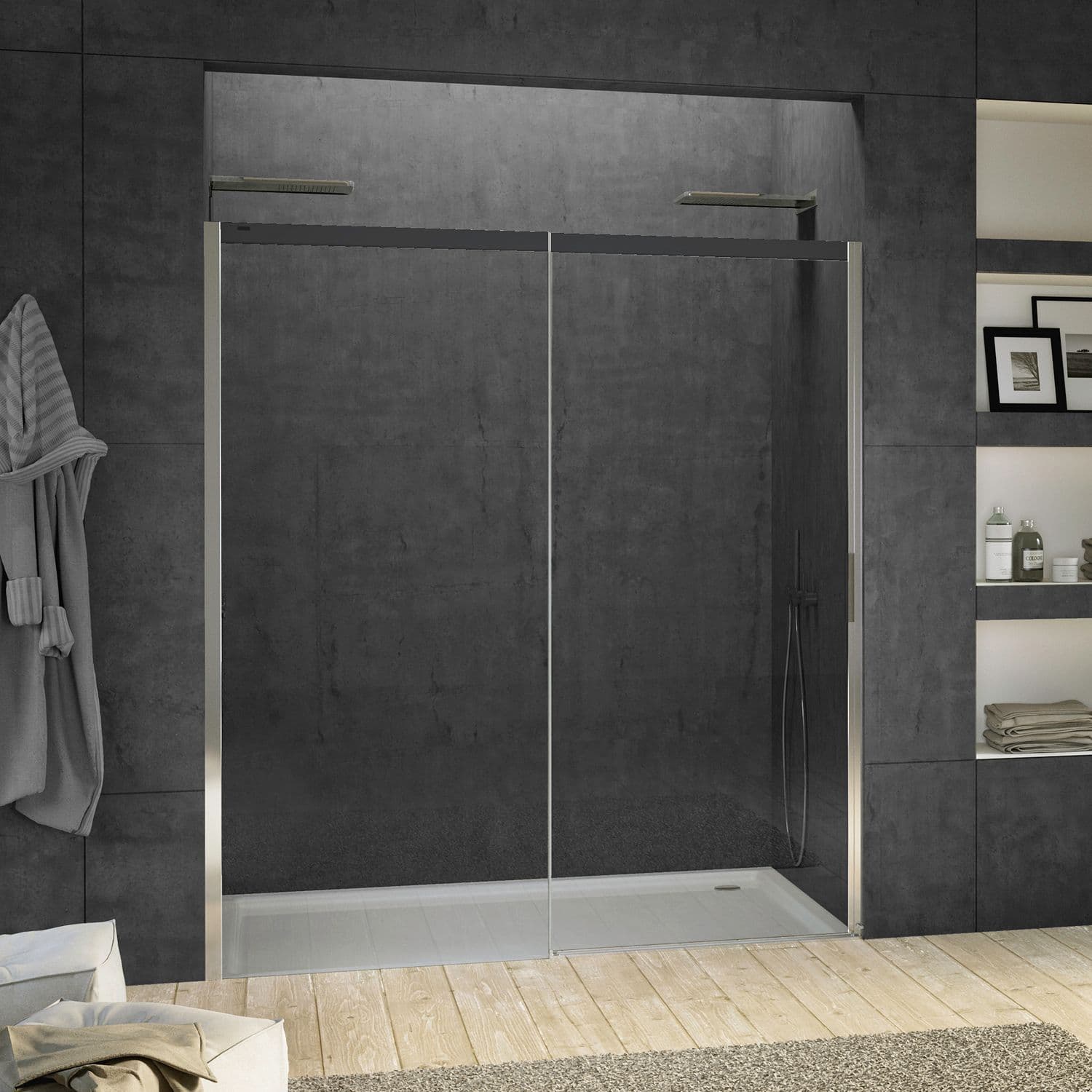 PORTE COULISSANTE NICHE SUITE 1660-1695 H2000 GAUCHE NANOTEC SOFTCLOSE NOIRE-CHROME/CLAIR vue 1