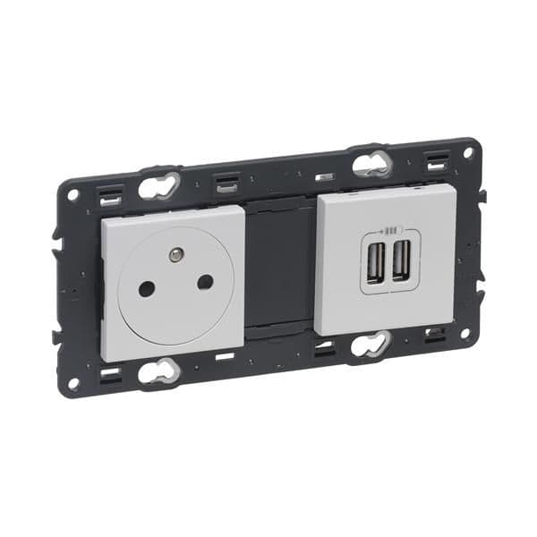 Valena prise 2 pôles + T + double Usb appareil complet Blanc à vis vue 1