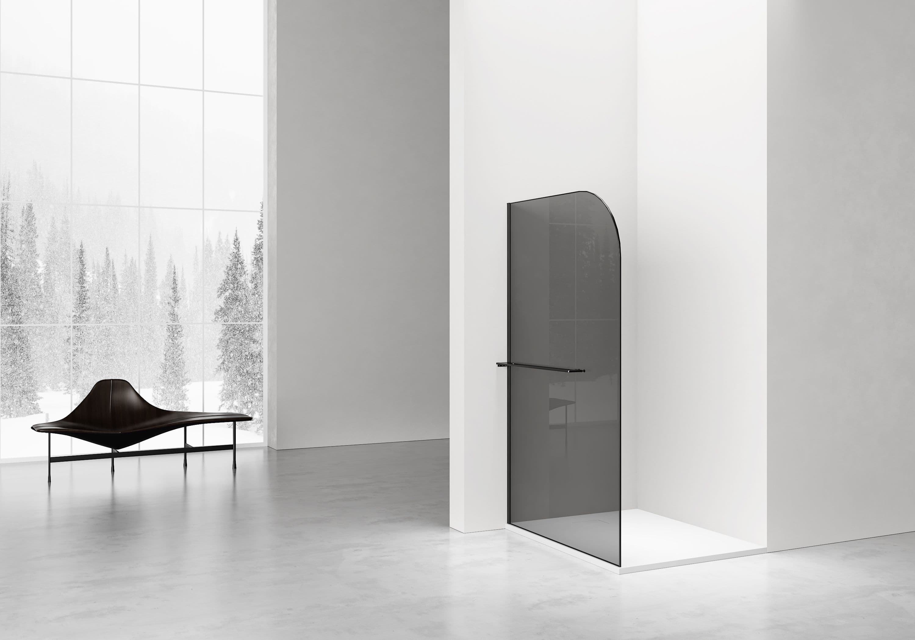 CURVY DOUCHE À L'ITALIENNE AVEC PORTE-SERVIETTE - COURBÉE - TRAITEMENT ANTI-CALCAIRE - RÉVERSIBLE - VERRE DE SÉCURITÉ 8MM - 120X200CM - NOIR MAT - VERRE GRIS FUMÉ vue 1