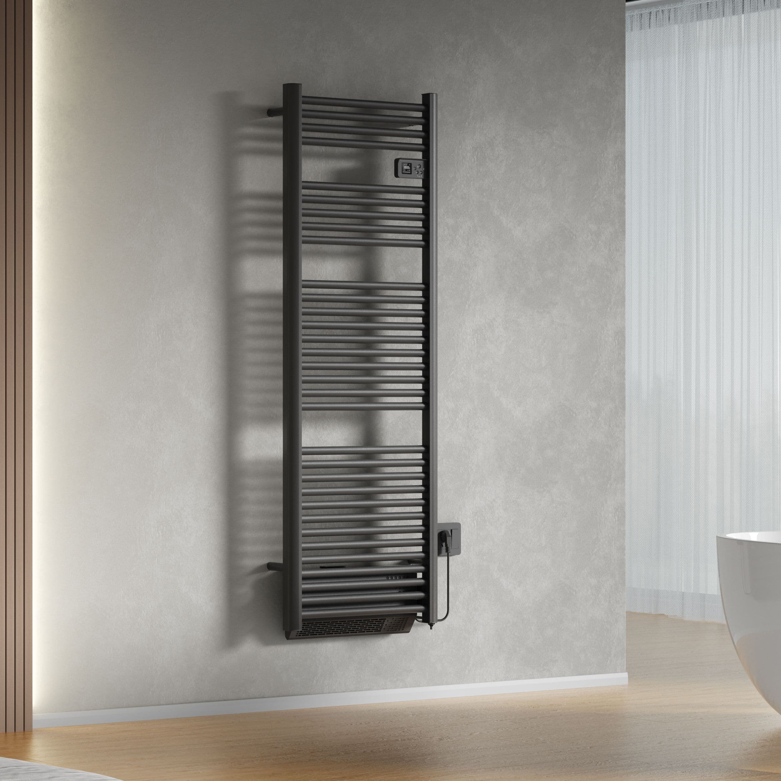 BELRAD SÈCHE-SERVIETTES ÉLECTRIQUE AVEC SOUFFLEUR – AVEC THERMOSTAT NUMÉRIQUE PROGRAMMABLE – SMART WIFI - 1850W – 1640X540X133 MM – NOIR MAT vue 1