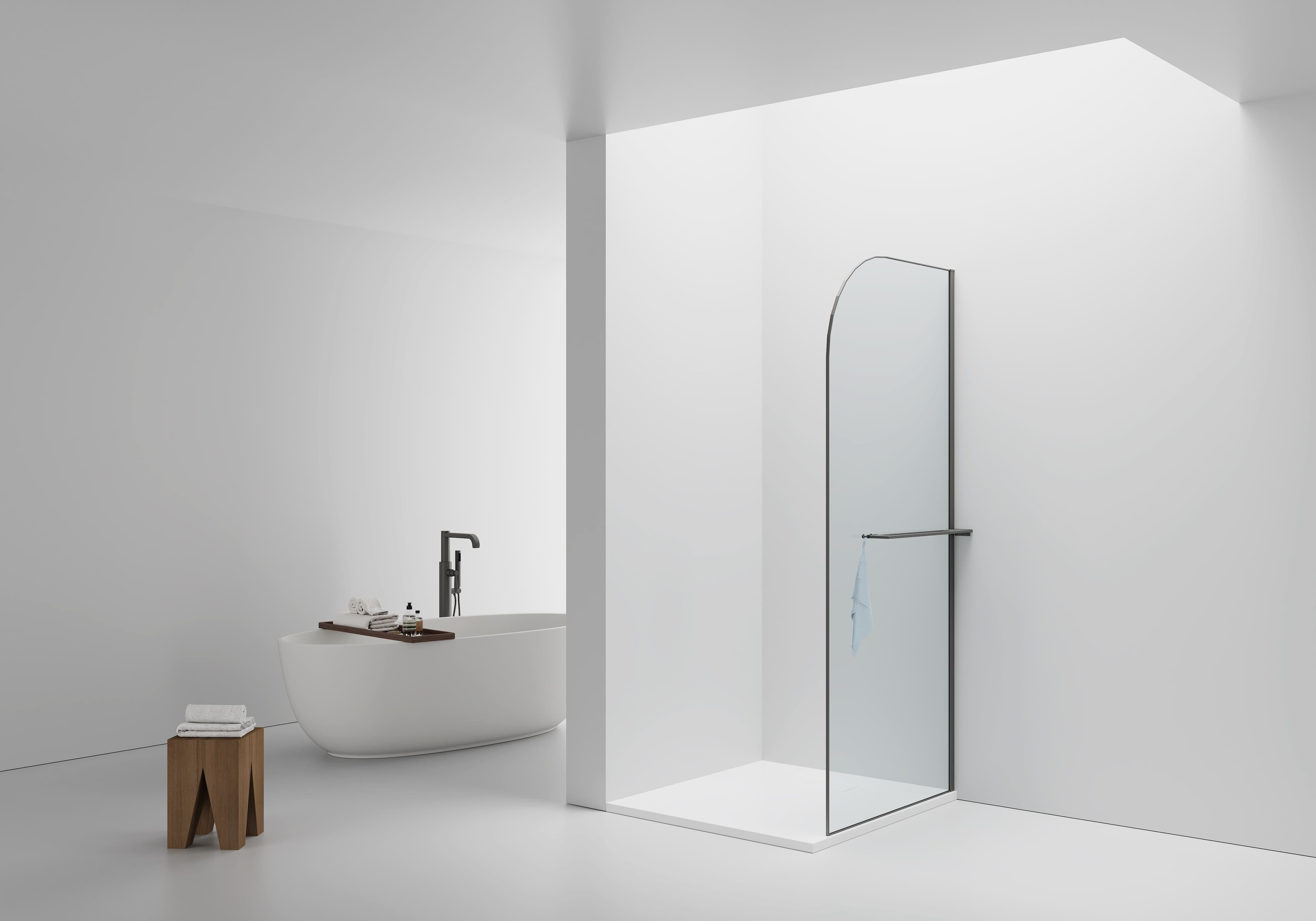 CURVY DOUCHE À L'ITALIENNE AVEC PORTE-SERVIETTE - COURBÉE - TRAITEMENT ANTI-CALCAIRE - RÉVERSIBLE - VERRE DE SÉCURITÉ 8MM - 100X200CM - GUNMETAL - VERRE CLAIR vue 1