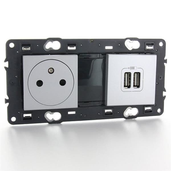 Valena prise 2 pôles + T + 2 x Usb affleurant appareil complet Alu à vis vue 1