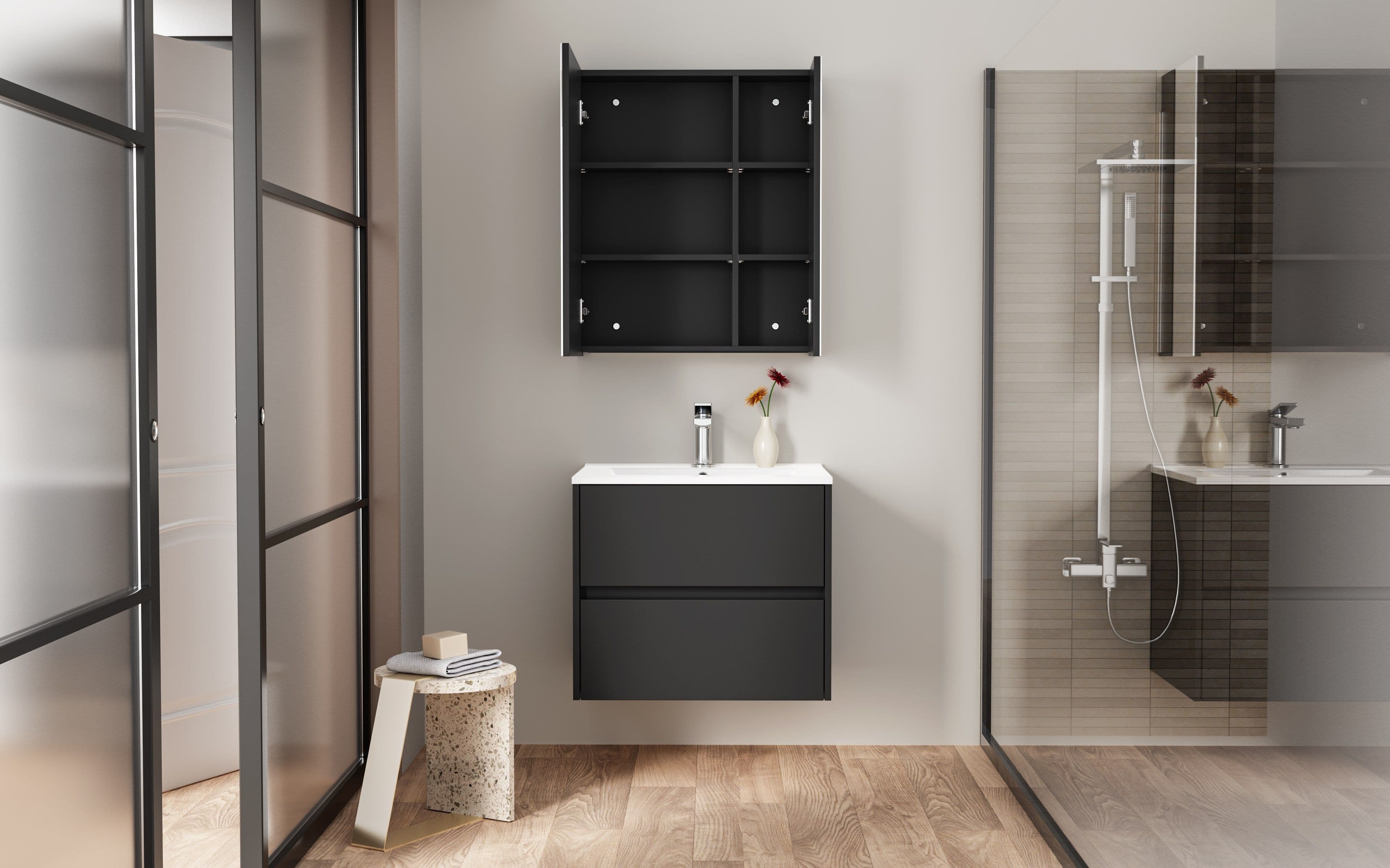 HAYAT ARMOIRE MIROIR - 2 PORTES MIROIRS ASYMÉTRIQUES, À UN SEUL CÔTÉ - 4 ÉTAGÈRES RÉGLABLES EN HAUTEUR - 60X70X15 CM - NOIR MAT vue 1
