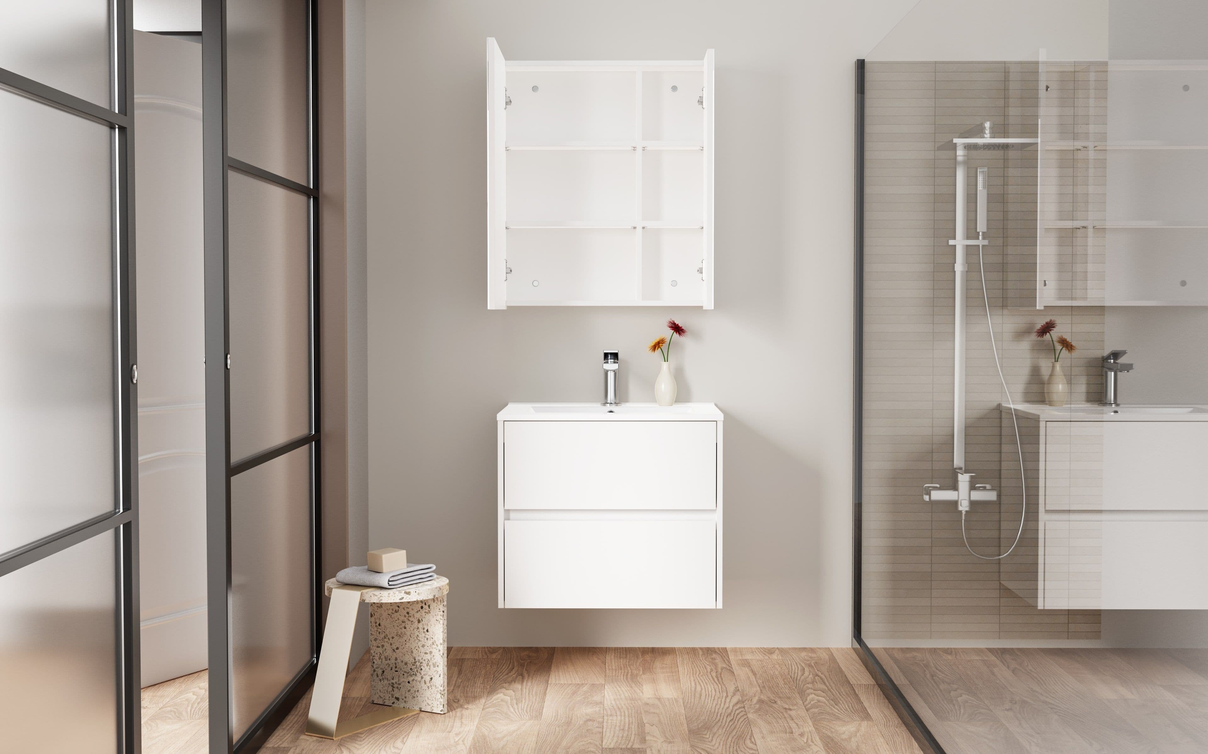 HAYAT ARMOIRE MIROIR - 2 PORTES MIROIRS ASYMÉTRIQUES, À UN SEUL CÔTÉ - 4 ÉTAGÈRES RÉGLABLES EN HAUTEUR - 60X70X15 CM - BLANC BRILLANT vue 1