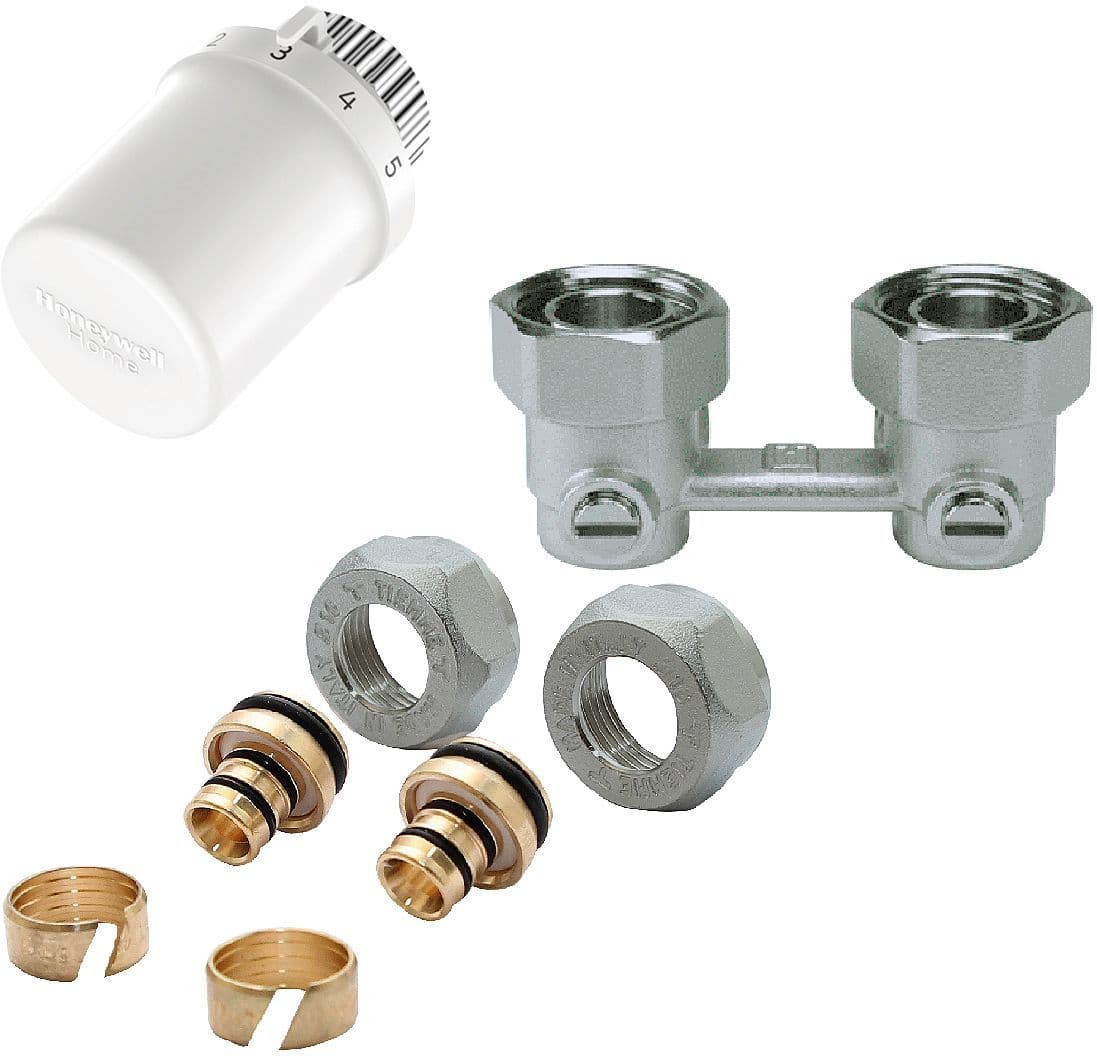KIT DE ROBINET THERMOSTATIQUE P.RADIATEUR UNIVERSAL INTEGRE 1/2"-3/4" +RACC.16MM HONEYWELL EQUERRE vue 1