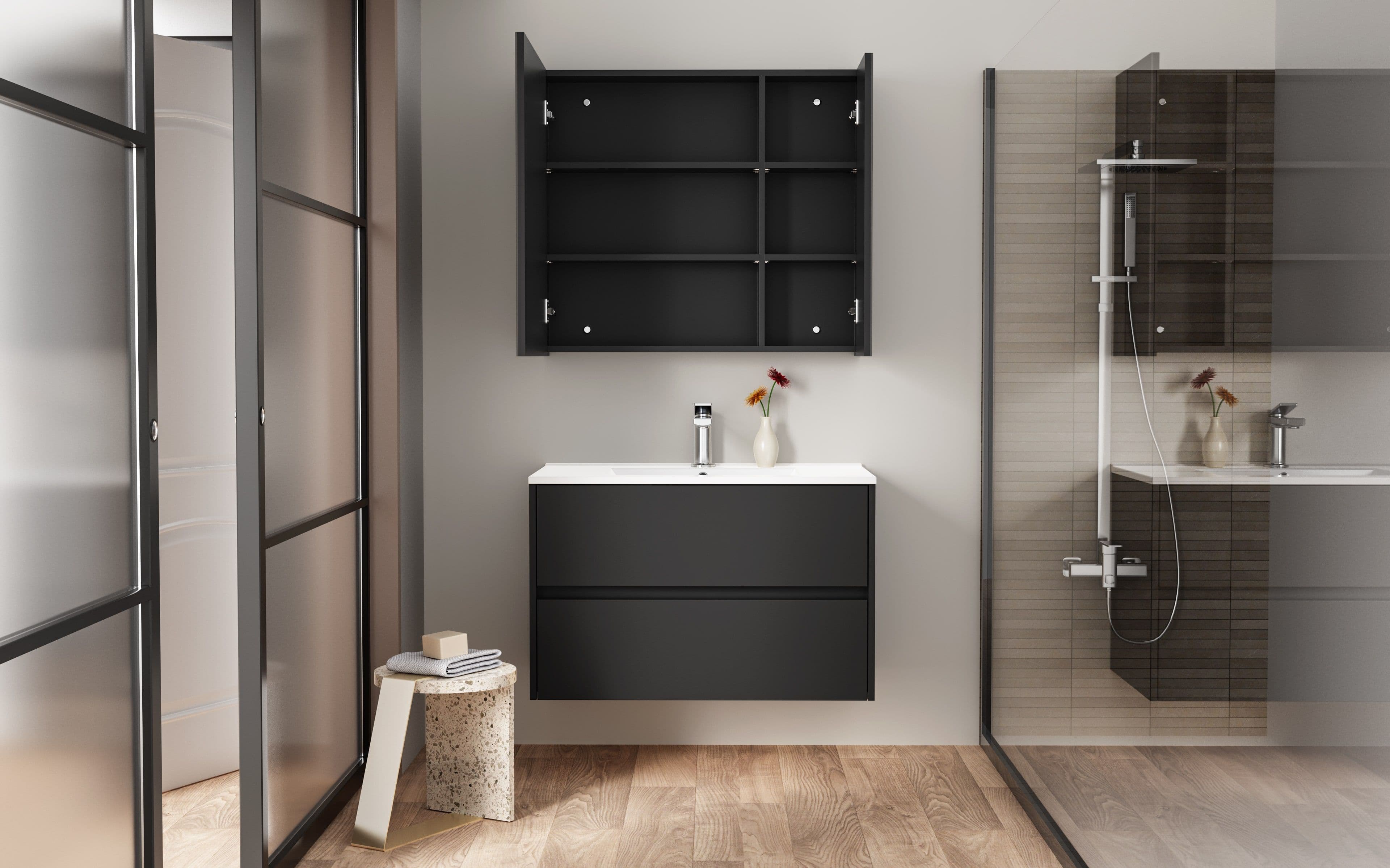 ALONI HAYAT MEUBLE SOUS-VASQUE - 2 TIROIRS - SANS POIGNEE - SOFT CLOSE – 79,5X50X45 CM - NOIR MAT vue 1