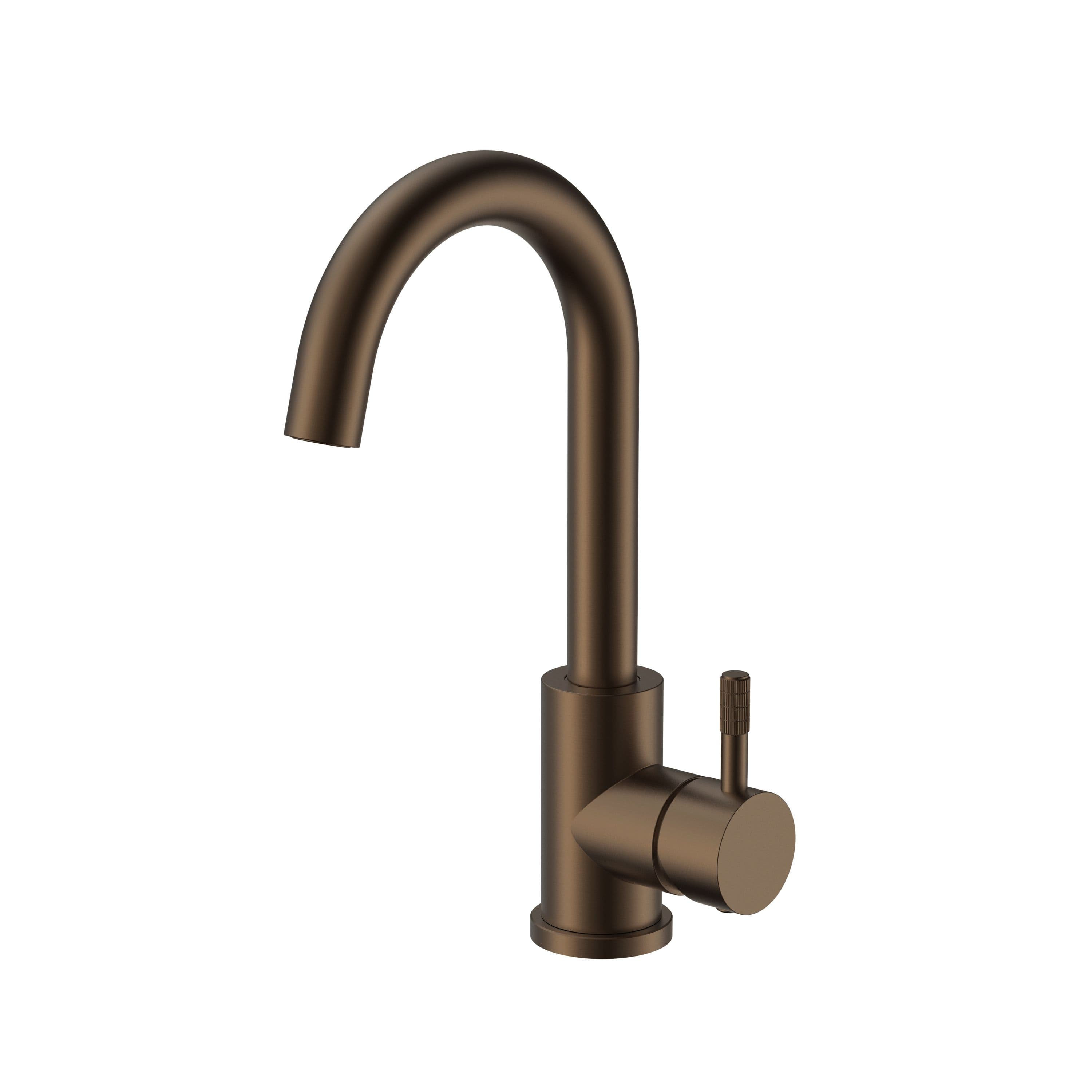 STRIA MITIGEUR LAVABO – BEC COURBÉ – MOBILE – DÉMARRAGE À FROID – POIGNÉE AVEC STRUCTURE STRIÉE RAFFINÉE – SANS BONDE – BRUN BRONZÉ (PVD) vue 1