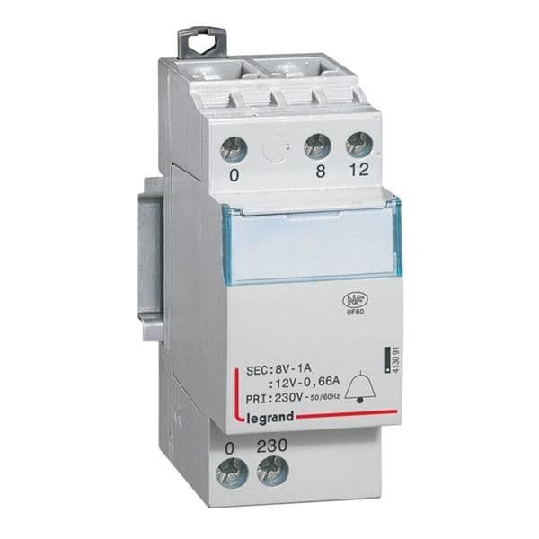 Transformateur de sonnerie 12 / 8V - 8VA 0.66 / 1A - 2 modules vue 1