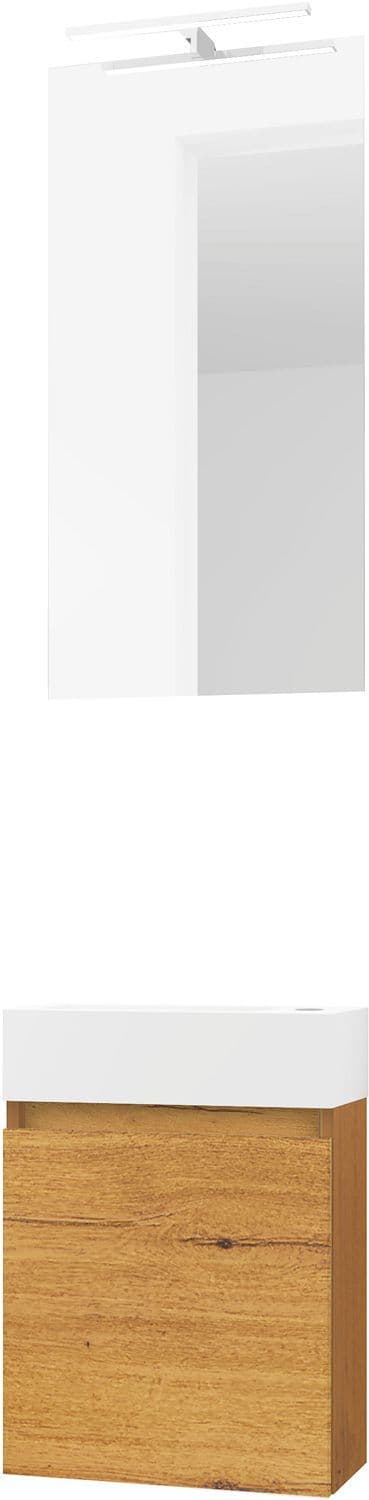 LAVE-MAINS FORM MINI PORCELAINE MAT WIT/ 1 PORT/MIROIR/LUMIERE LED CHENE GOLD vue 1