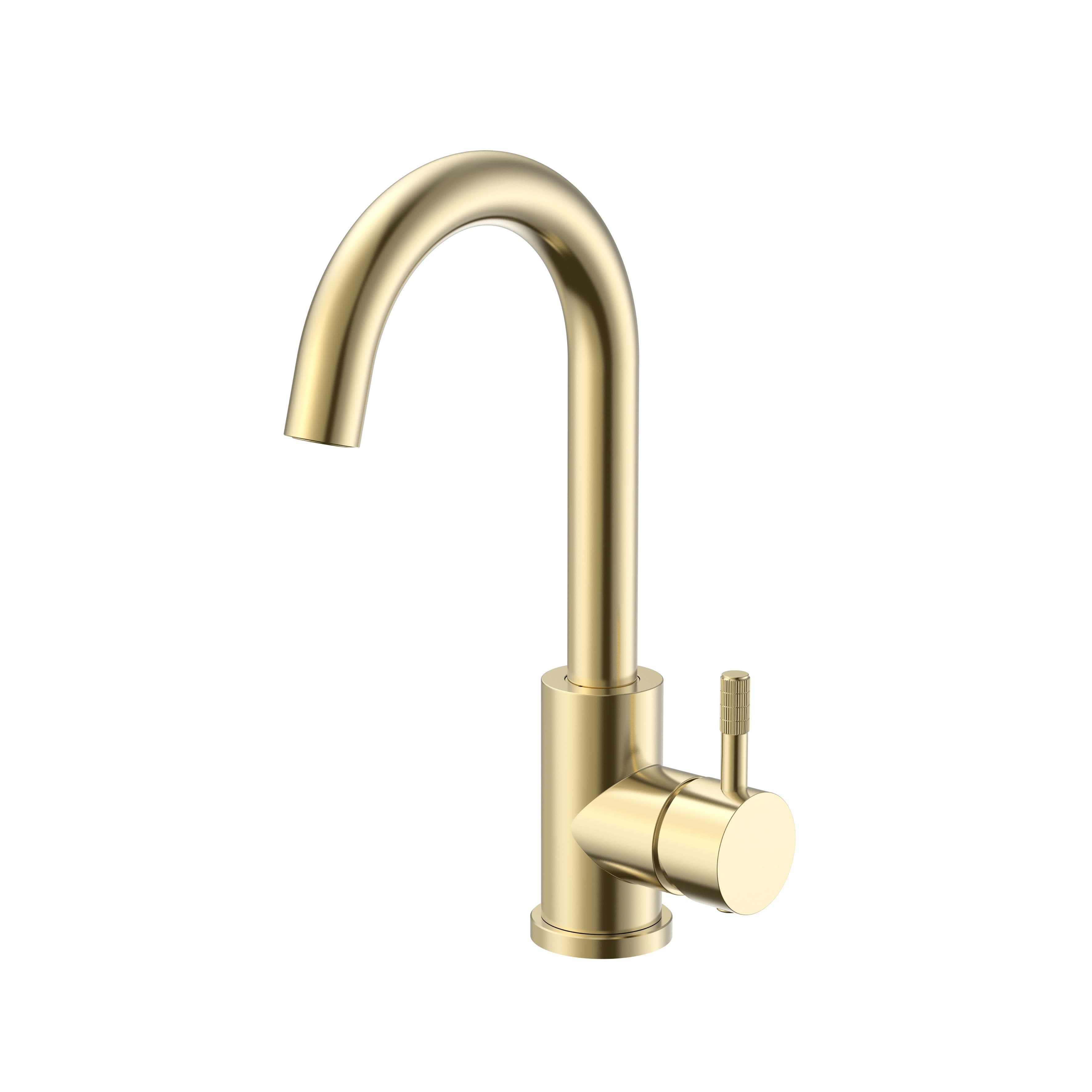 STRIA MITIGEUR LAVABO – BEC COURBÉ – MOBILE – DÉMARRAGE À FROID – POIGNÉE AVEC STRUCTURE STRIÉE RAFFINÉE – SANS BONDE – OR BROSSÉ (PVD) vue 1