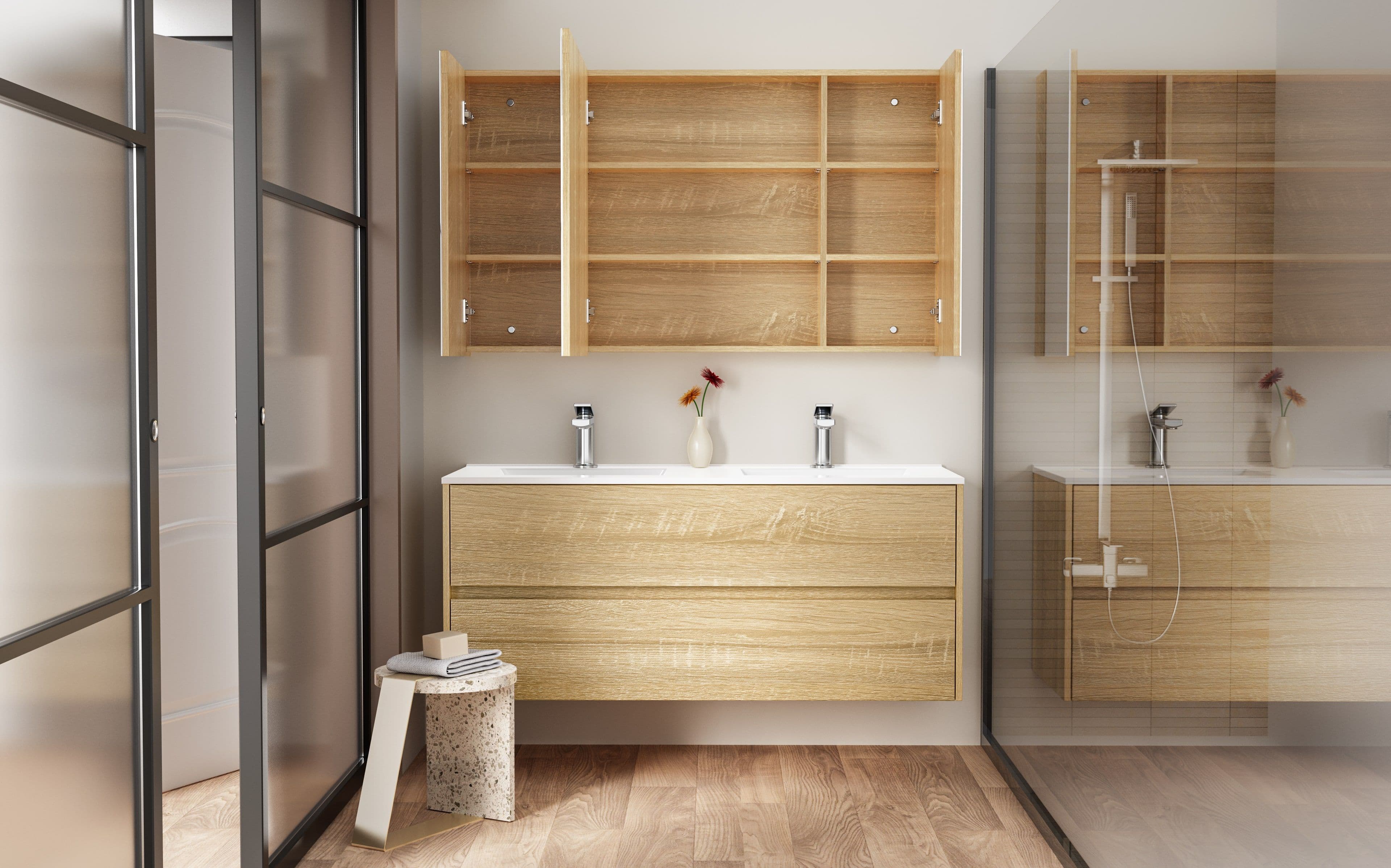 HAYAT ARMOIRE MIROIR - 3 PORTES MIROIRS ASYMÉTRIQUES, À UN SEUL CÔTÉ - 6 ÉTAGÈRES RÉGLABLES EN HAUTEUR - 120X70X15 CM - CHÊNE vue 1