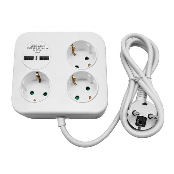 Multiprise carrée 3 x 2 pôles + T (Schuko) avec chargeur USB, 2 x USB-A, câble 3 x 1.5mm², 1,4m vue 1