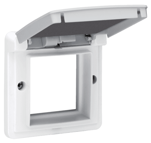 Cadre d’adaptation avec clapet pour fonctions 45 x 45 mm dans des boîtes de montage étanches, couleur gris vue 1