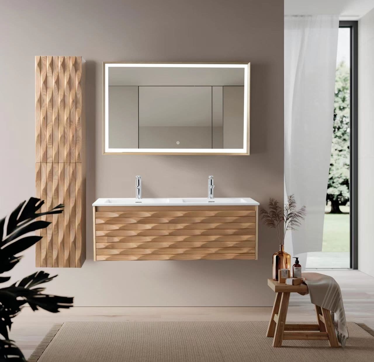 WONDA SQUARE SLIM LAVABO - 2 VASQUES - AVEC TROP-PLEIN - 2 TROUS ROBINET - MARBRE COMPOSITE - 120X1,6X52,5 CM - BLANC MAT vue 1