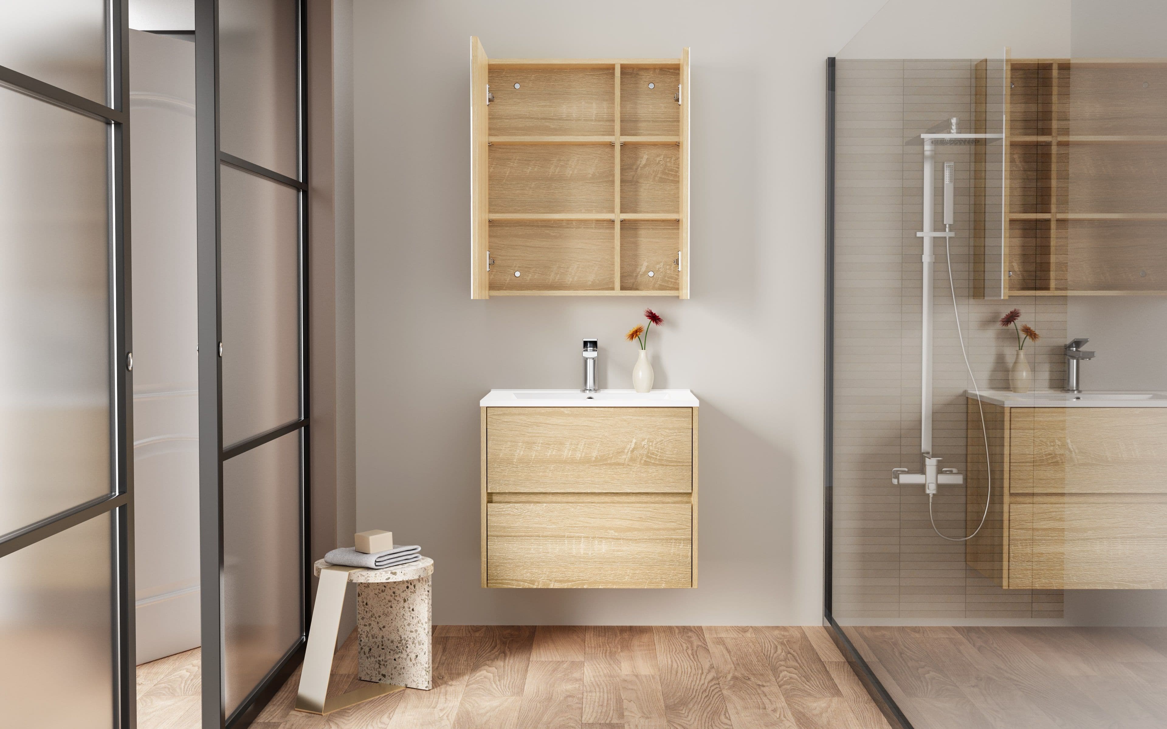 HAYAT ARMOIRE MIROIR - 2 PORTES MIROIRS ASYMÉTRIQUES, À UN SEUL CÔTÉ - 4 ÉTAGÈRES RÉGLABLES EN HAUTEUR - 60X70X15 CM - CHÊNE vue 1