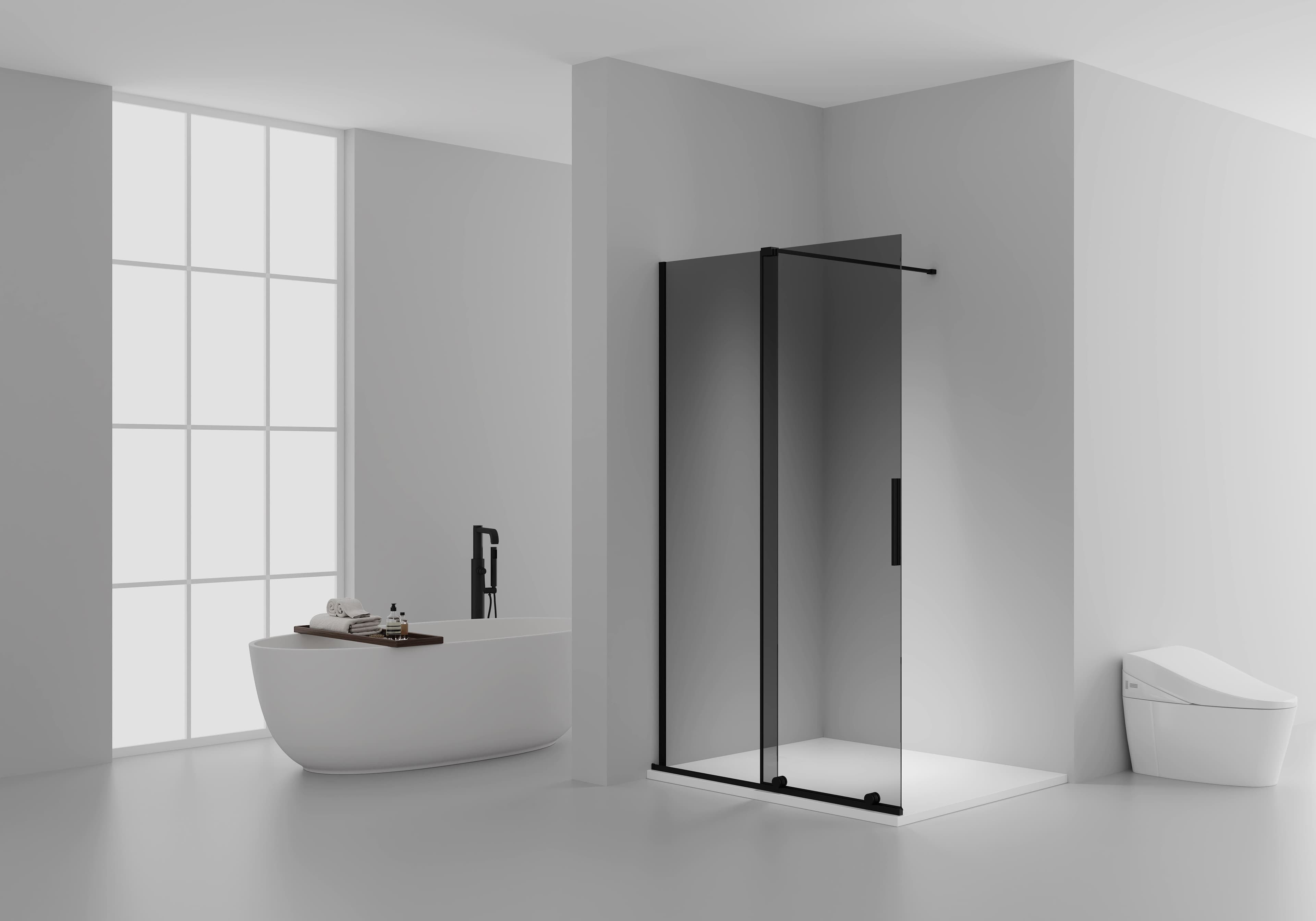 X-SLIDE WALK-IN SHOWER WITH SLIDING DOOR – SLIDING DOOR FOR NICHE – WITH ANTI-LIMESCALE TREATMENT – REVERSIBLE – 8MM SAFETY GLASS – 120X200CM – MATT BLACK – GREY TINTED GLASS vue 1