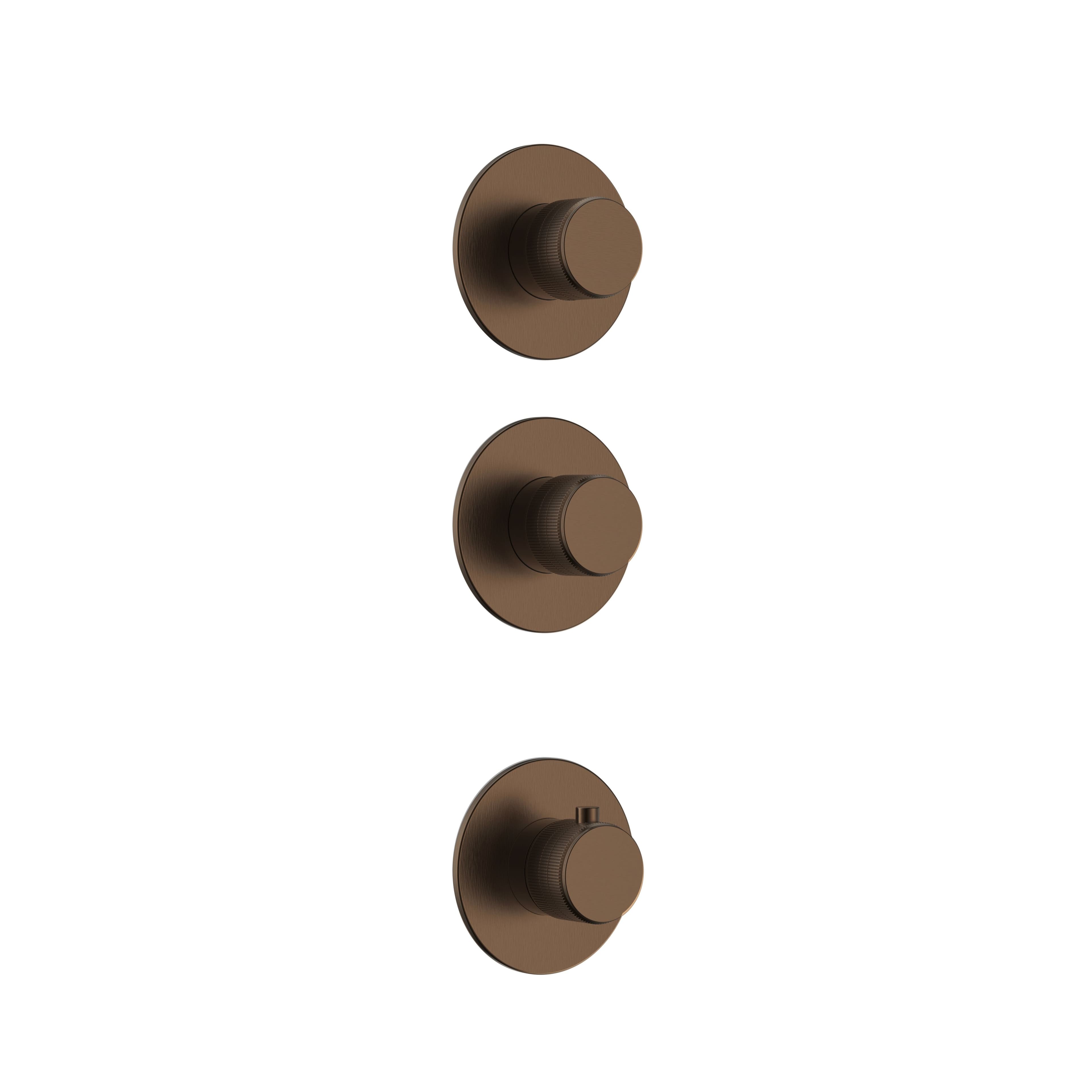 STRIA ÉLÉMENT DE FINITION POUR MITIGEUR DE DOUCHE – 2 VOIES AVEC 2 ROBINETS D’ARRÊT – THERMOSTATIQUE – ENCASTRÉ – RONDE – BOUTONS S AVEC STRUCTURE STRIÉE RAFFINÉE – BRUN BRONZÉ (PVD) vue 1
