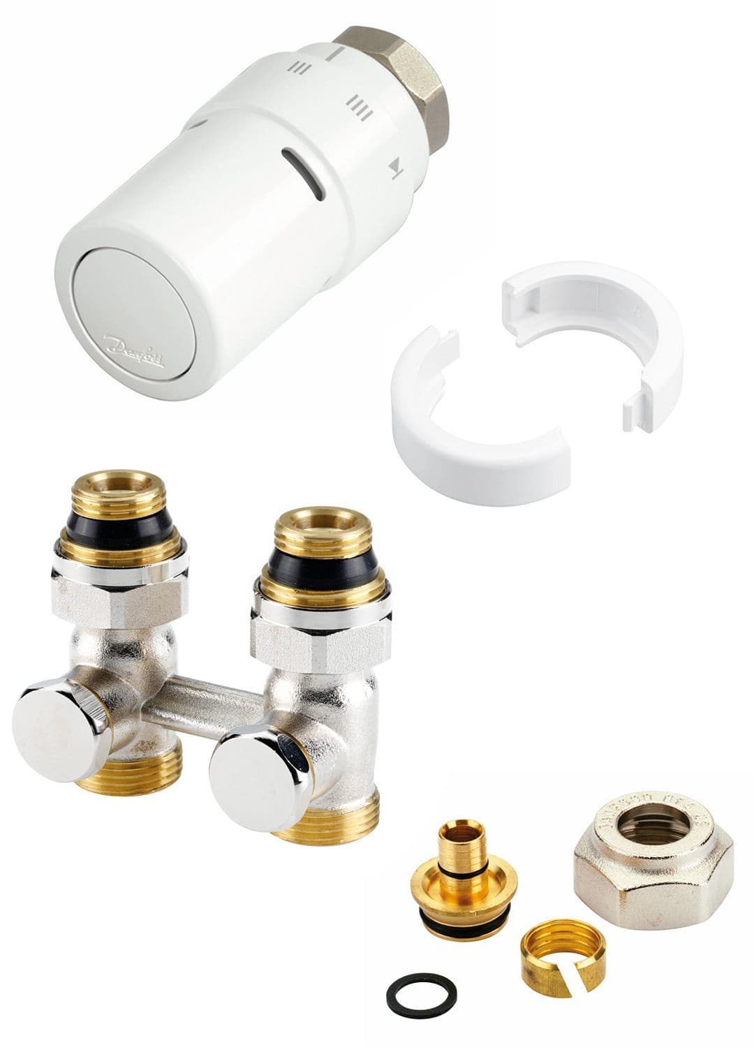DESIGN KIT DE ROBINET THERMOSTAT.P.RADIATEUR UNIVERSAL INTEGRE 1/2"-3/4" +RACC.16MM DANFOSS DROITE vue 1