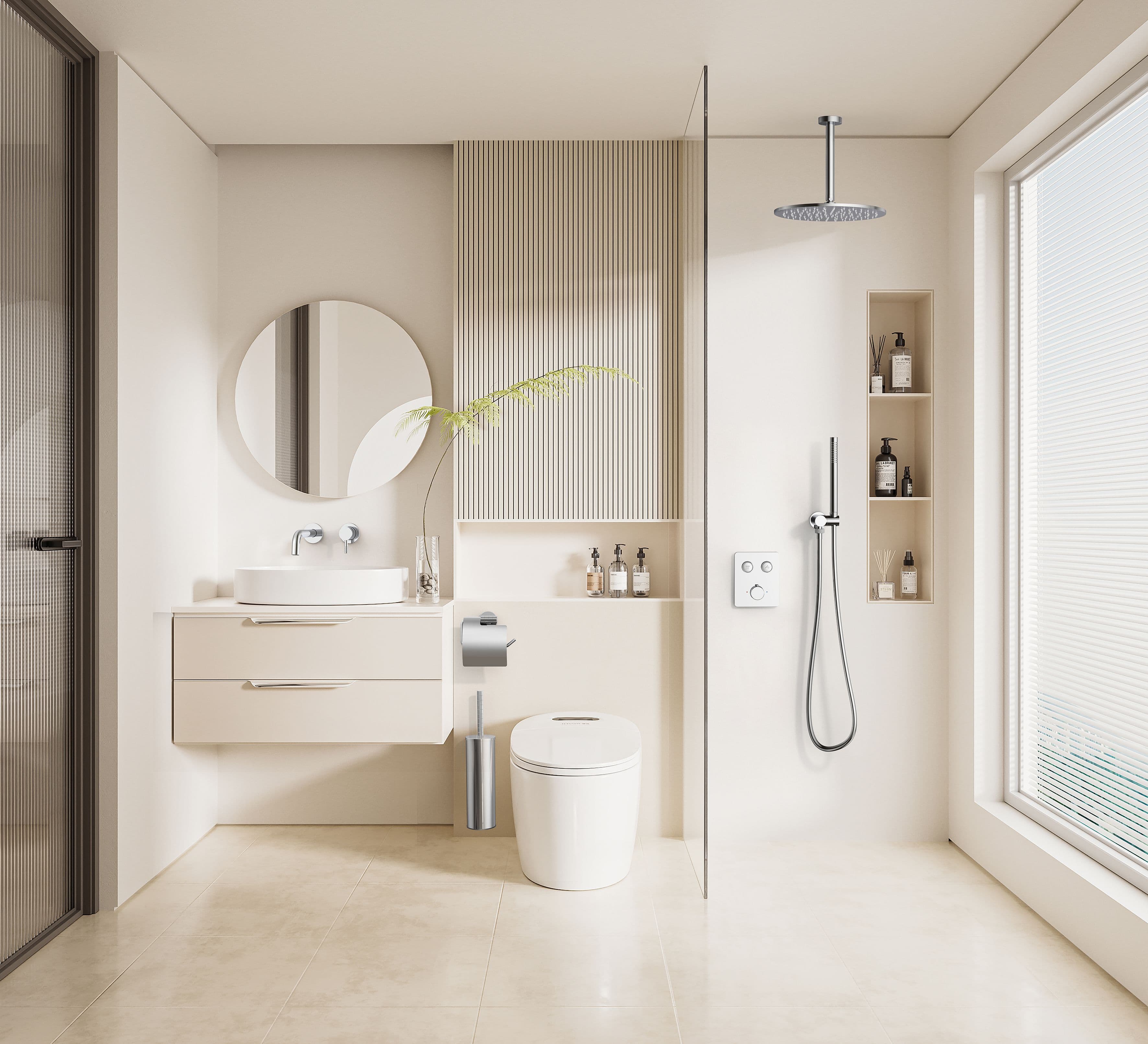 STRIA MITIGEUR DE DOUCHE – 2 VOIES – THERMOSTATIQUE – BOUTONS POUSSOIRS S AVEC STRUCTURE STRIÉE RAFFINÉE – AVEC BOÎTIER D’ENCASTREMENT ET ÉLÉMENT DE FINITION – RECTANGULAIRE – BELGAQUA - CHROME vue 1
