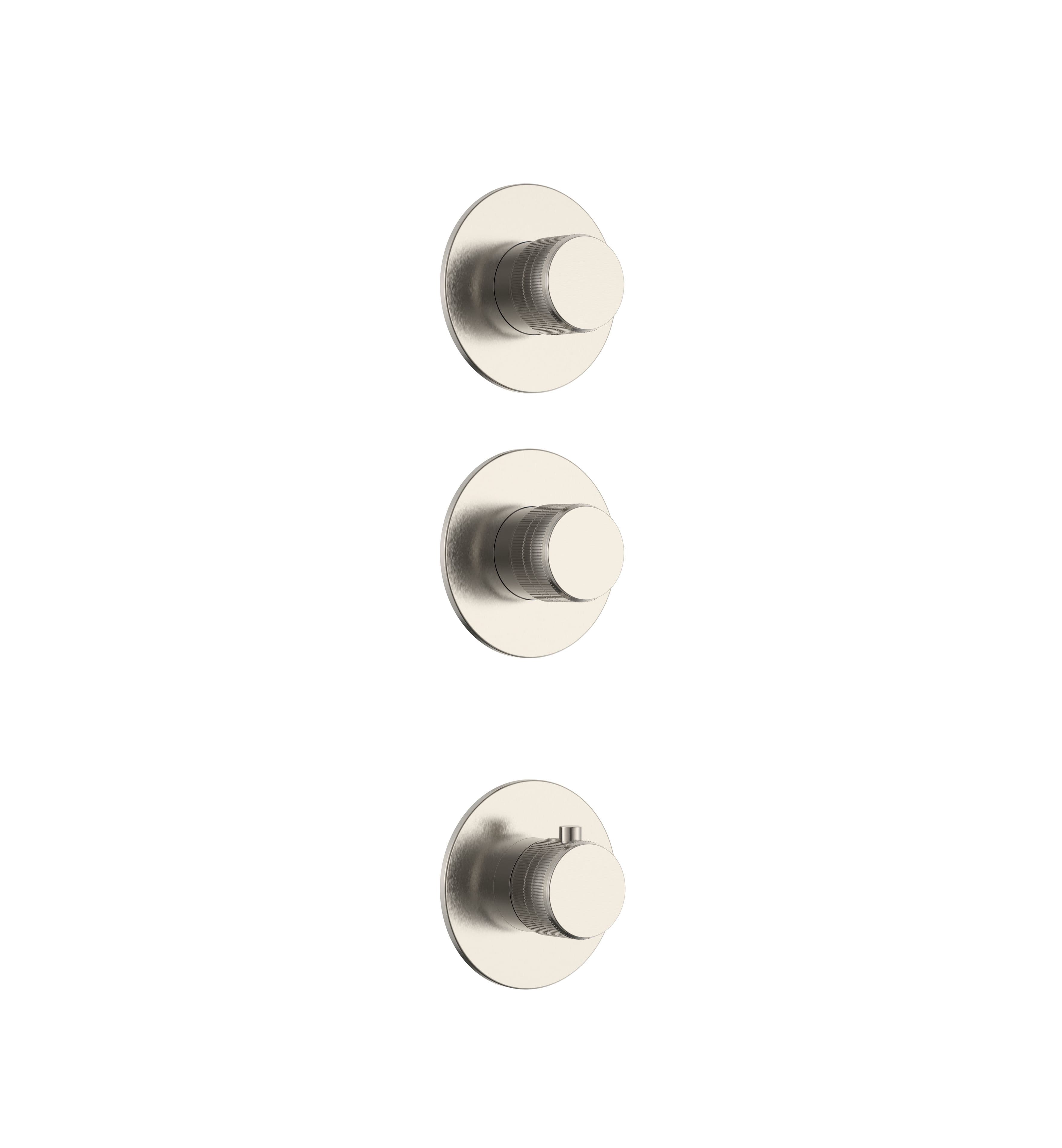 STRIA ÉLÉMENT DE FINITION POUR MITIGEUR DE DOUCHE – 2 VOIES AVEC 2 ROBINETS D’ARRÊT – THERMOSTATIQUE – ENCASTRÉ – RONDE – BOUTONS S AVEC STRUCTURE STRIÉE RAFFINÉE – ACIER INOX BROSSÉ vue 1