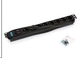 19" distribution panel 1U 8 sockets 16A switch varistor surge protection cable 2m 16A plug 3 x1.5mm² vue 1