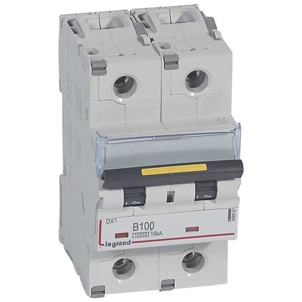Disjoncteur DX³ 2 pôles courbe B 100A 230 / 400V - 10000A / 16kA - 3 modules vue 1