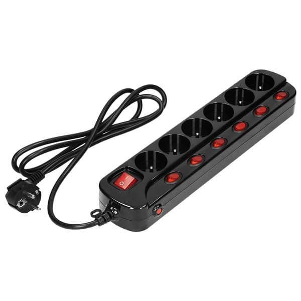 Bloc multiprise Noir avec interrupteurs marche/arrêt indépendants pour 6 prises, câble 3 x 1mm² 1.5m vue 1