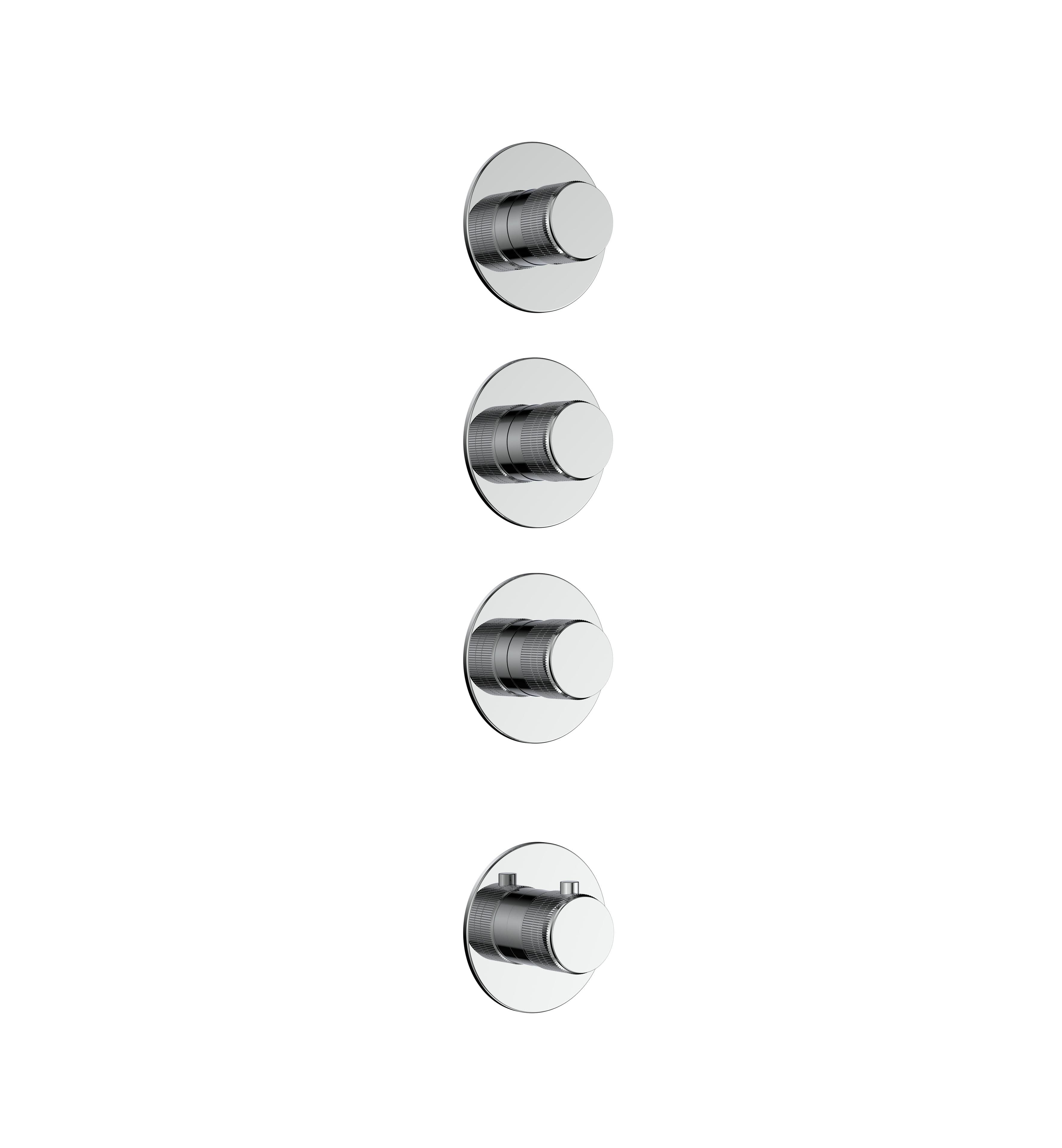 STRIA ÉLÉMENT DE FINITION POUR MITIGEUR DE DOUCHE – 3 VOIES AVEC 3 ROBINETS D’ARRÊT – THERMOSTATIQUE – ENCASTRÉ – RONDE – BOUTONS S AVEC STRUCTURE STRIÉE RAFFINÉE – CHROME vue 1