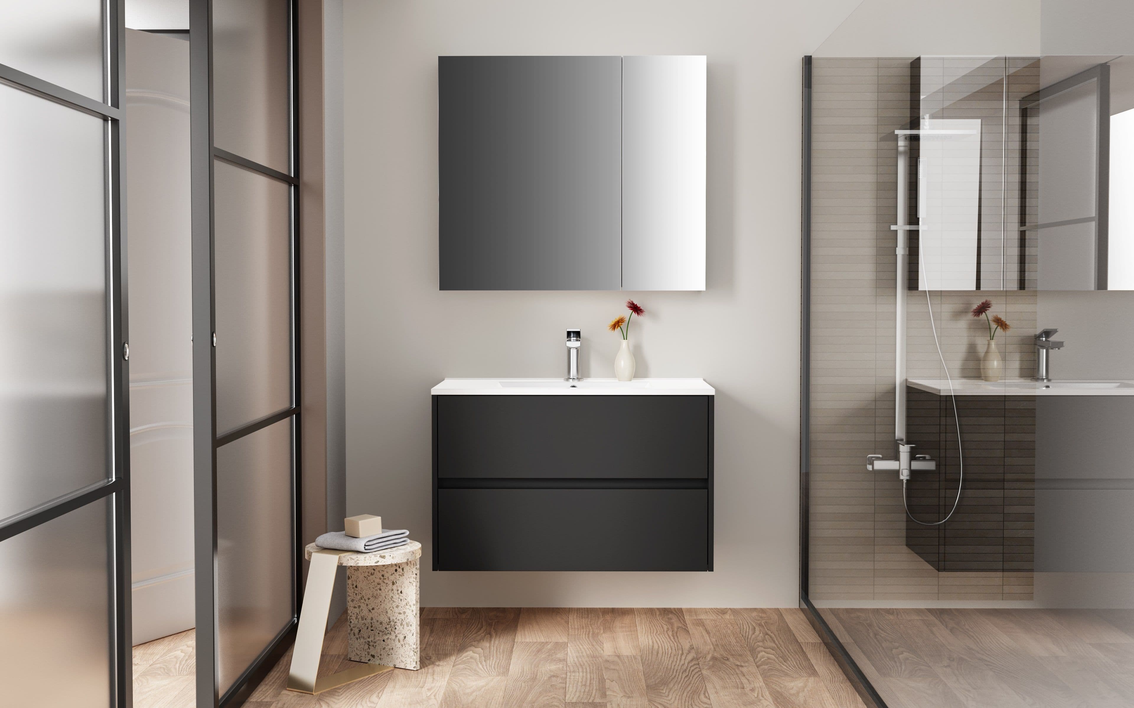 HAYAT ARMOIRE MIROIR - 2 PORTES MIROIRS ASYMÉTRIQUES, À UN SEUL CÔTÉ - 4 ÉTAGÈRES RÉGLABLES EN HAUTEUR - 80X70X15 CM - NOIR MAT vue 1