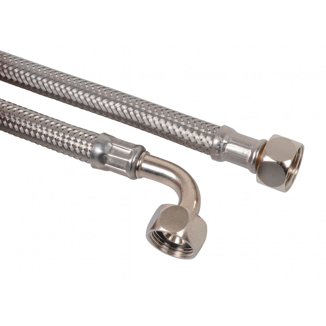 98628405 Tuyau de raccordement flexible pour réservoir, acier inoxydable, 3/8" F x 200 mm x 3/8" F, angle de 90° d'un côté vue 1