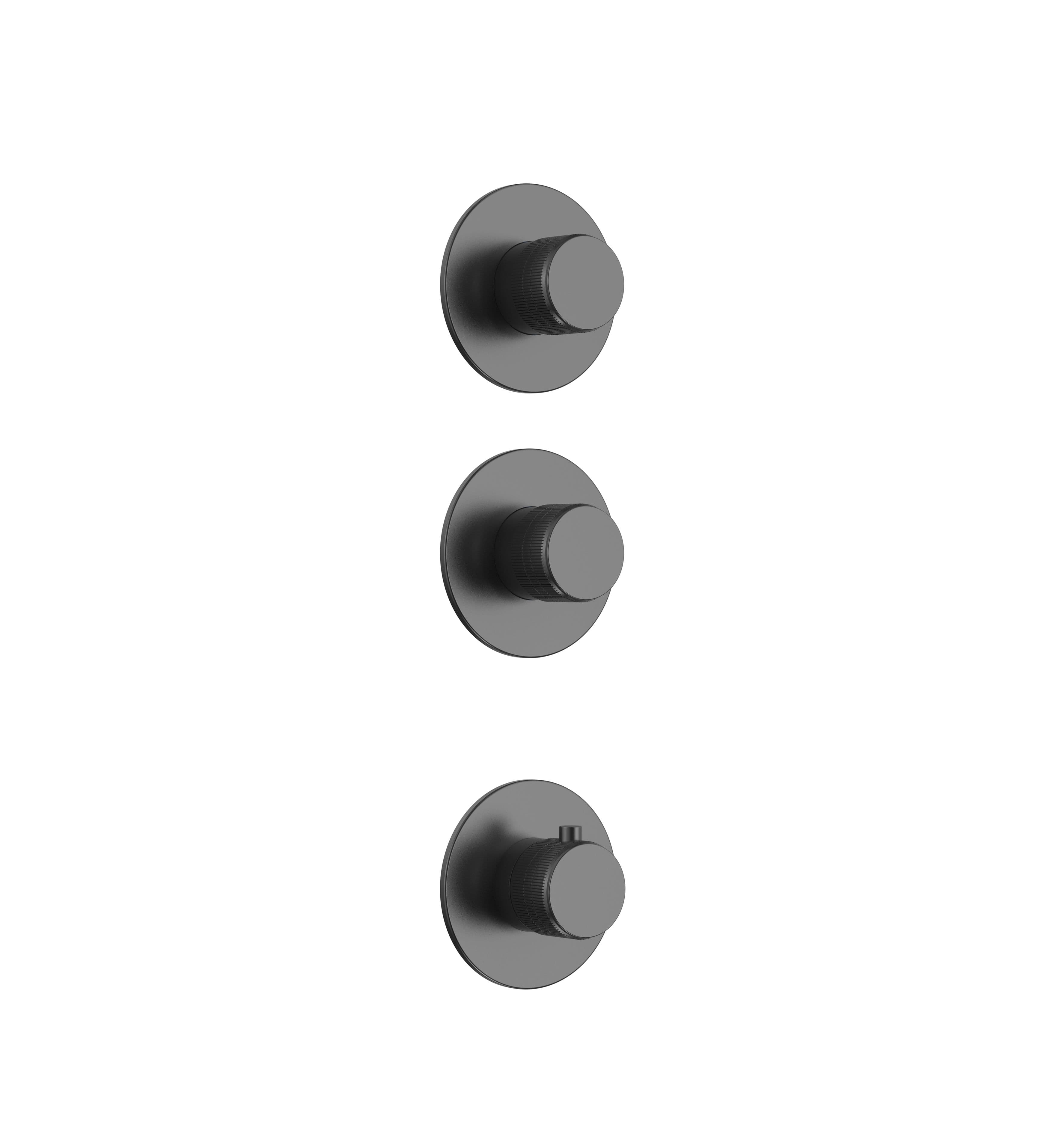 STRIA ÉLÉMENT DE FINITION POUR MITIGEUR DE DOUCHE – 2 VOIES AVEC 2 ROBINETS D’ARRÊT – THERMOSTATIQUE – ENCASTRÉ – RONDE – BOUTONS S AVEC STRUCTURE STRIÉE RAFFINÉE – GUNMETAL (PVD) vue 1