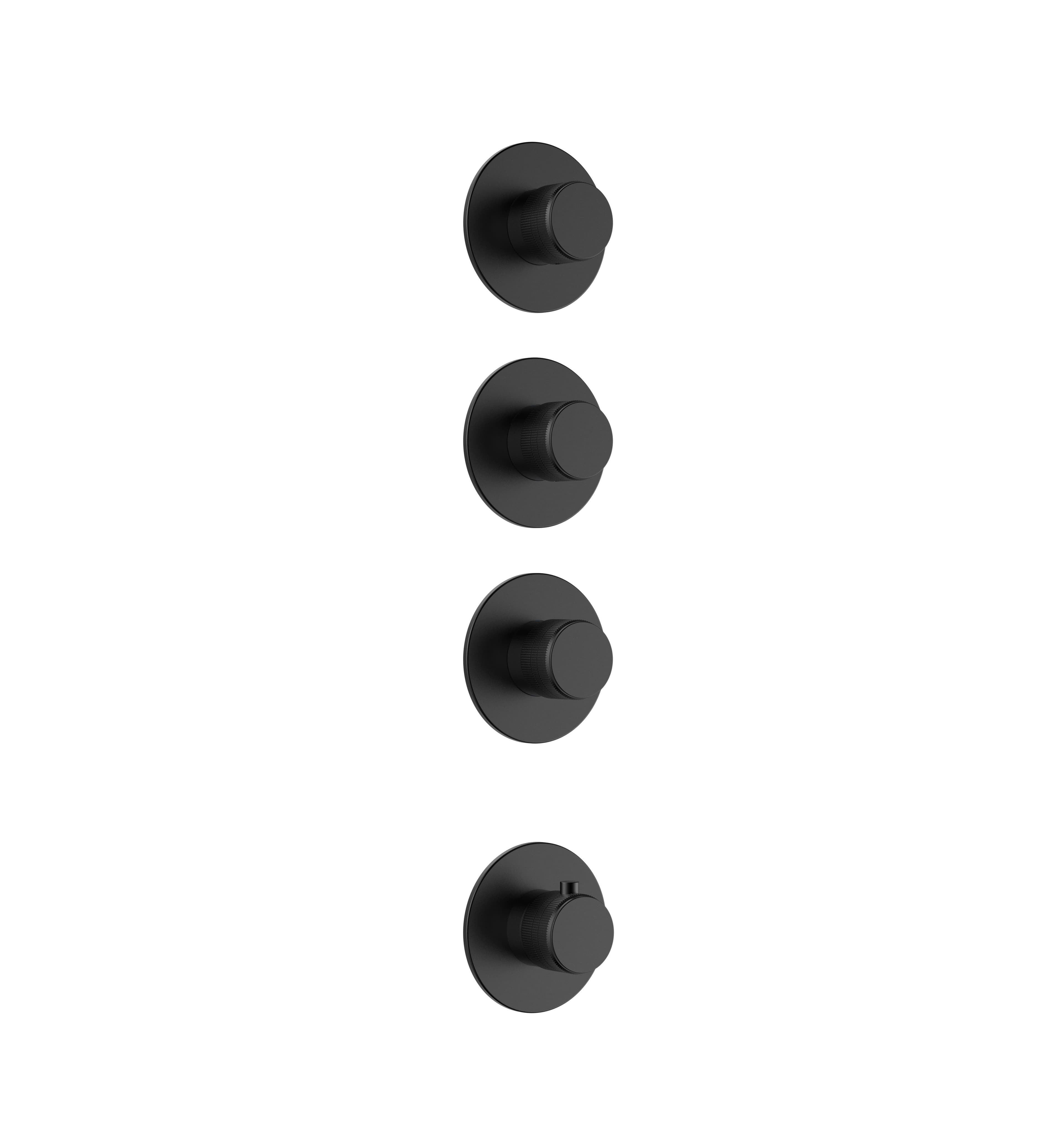 STRIA ÉLÉMENT DE FINITION POUR MITIGEUR DE DOUCHE – 3 VOIES AVEC 3 ROBINETS D’ARRÊT – THERMOSTATIQUE – ENCASTRÉ – RONDE – BOUTONS S AVEC STRUCTURE STRIÉE RAFFINÉE – NOIR MAT (PVD) vue 1