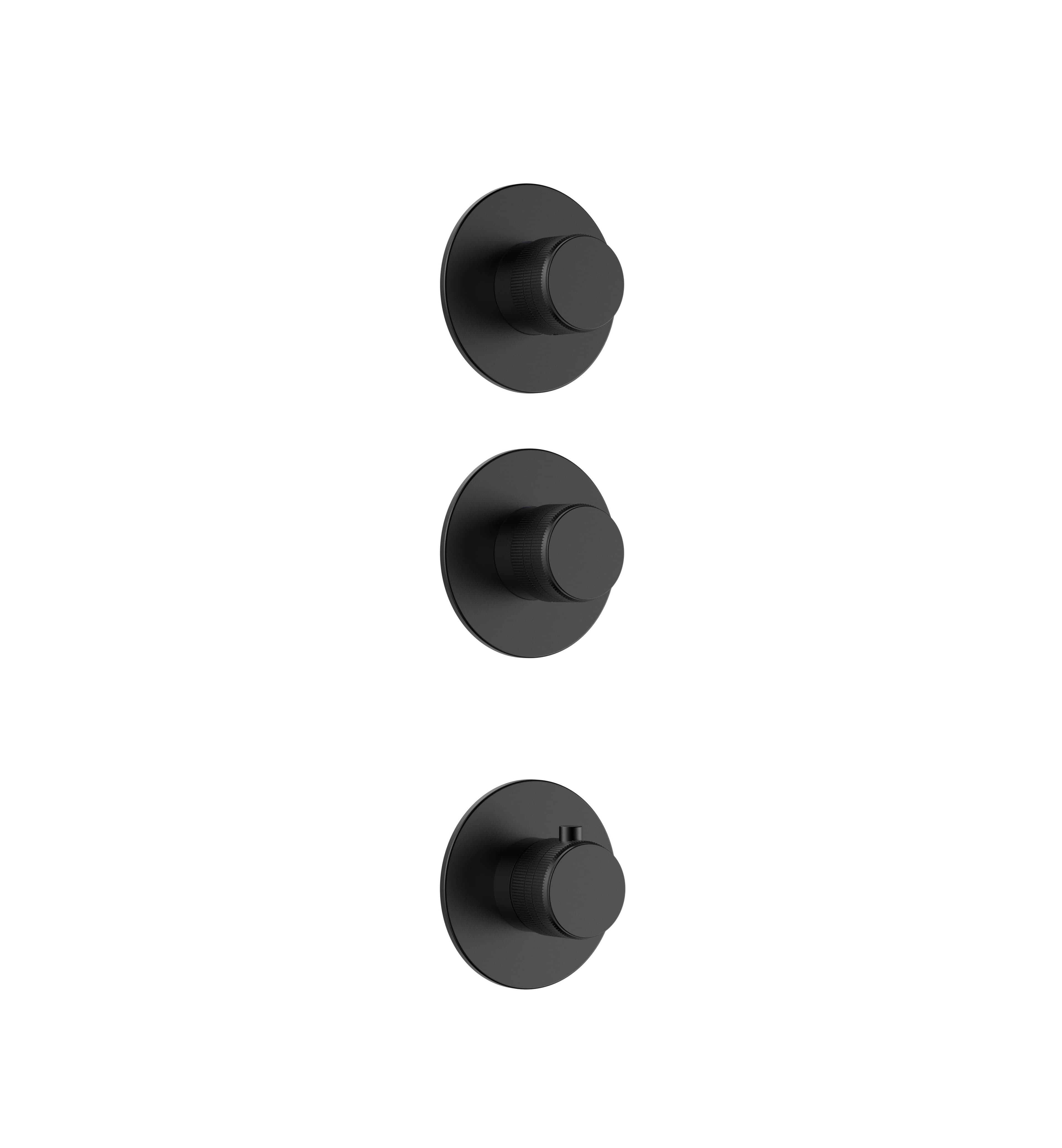 STRIA ÉLÉMENT DE FINITION POUR MITIGEUR DE DOUCHE – 2 VOIES AVEC 2 ROBINETS D’ARRÊT – THERMOSTATIQUE – ENCASTRÉ – RONDE – BOUTONS S AVEC STRUCTURE STRIÉE RAFFINÉE – NOIR MAT (PVD) vue 1