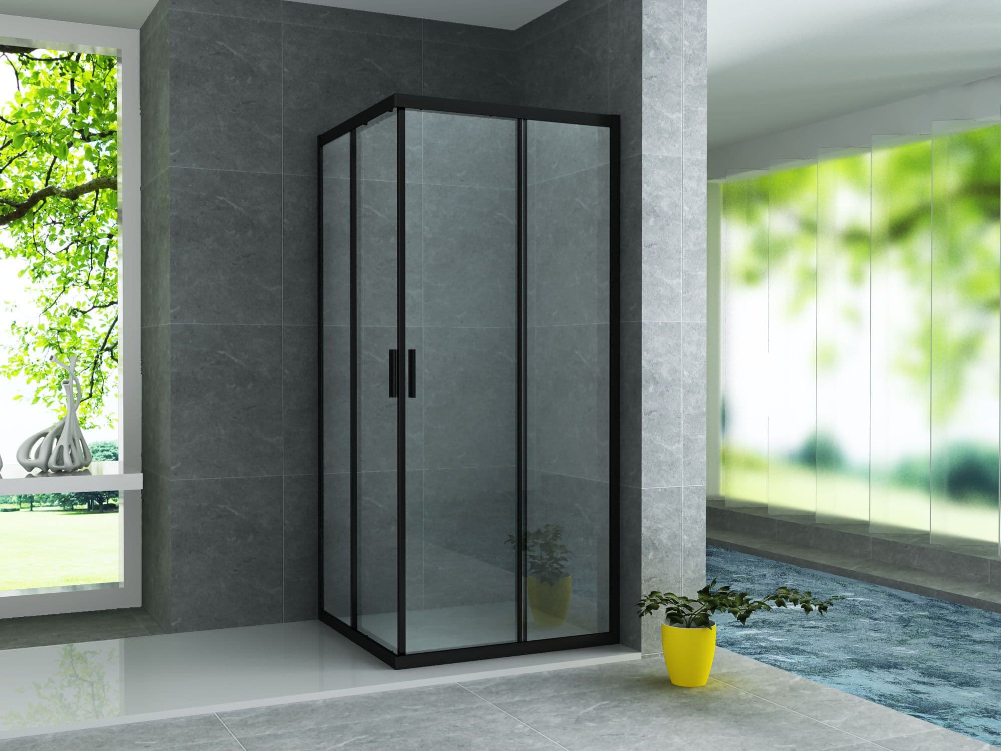 ALONI CABINE DE DOUCHE - ENTRÉE D’ANGLE - 2 PORTES COULISSANTES - 800X800X1950MM - NOIR MAT-VERRE CLAIR vue 1