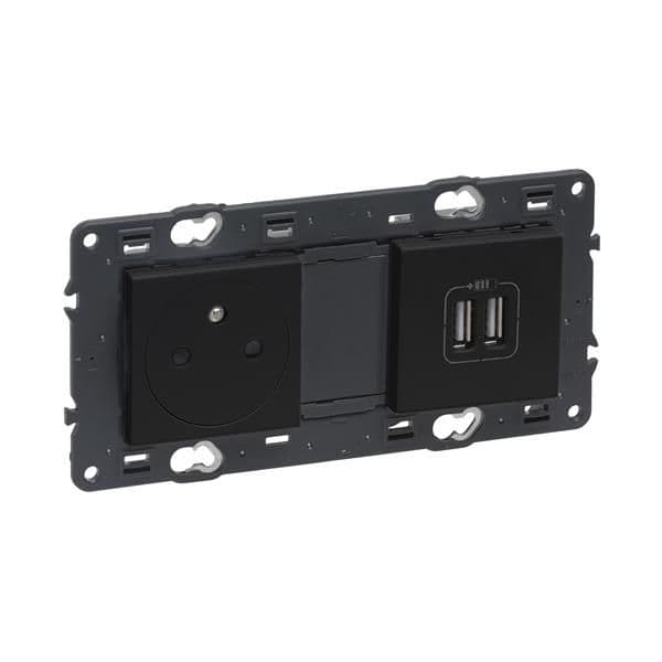 Valena prise 2 pôles + T + 2 x Usb affleurant appareil complet Noir à vis vue 1