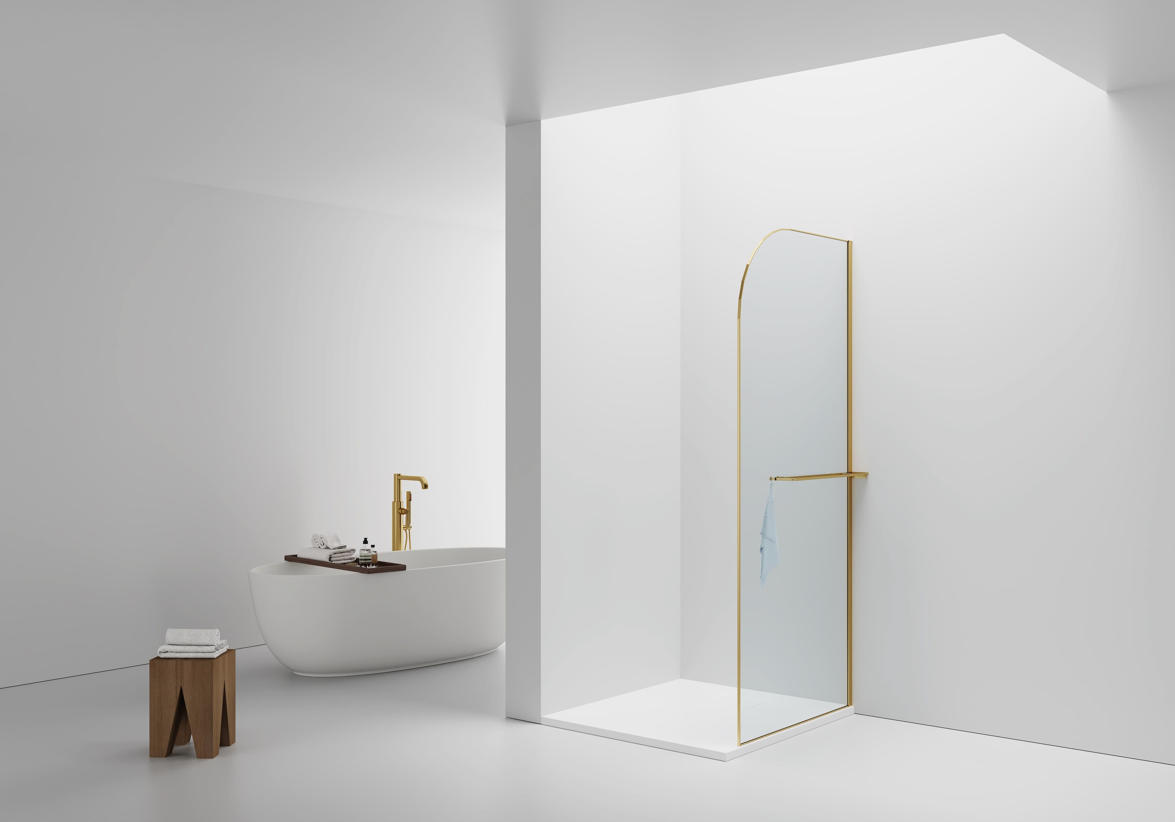 CURVY DOUCHE À L'ITALIENNE AVEC PORTE-SERVIETTE - COURBÉE - TRAITEMENT ANTI-CALCAIRE - RÉVERSIBLE - VERRE DE SÉCURITÉ 8MM - 100X200CM - OR BROSSÉ - VERRE CLAIR vue 1