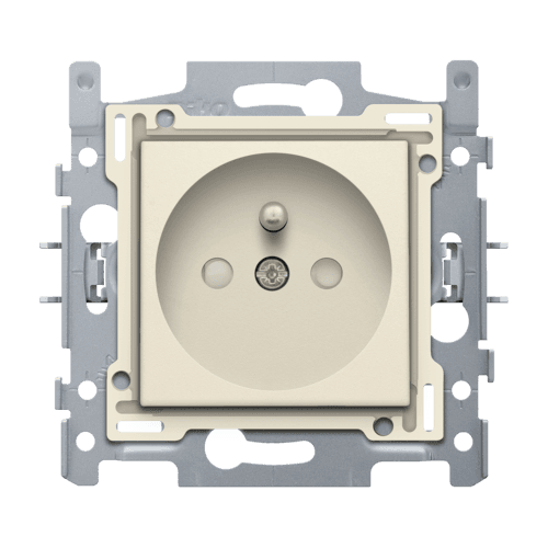 Prise de courant avec broche de terre et obturateurs de protection, profondeur d’encastrement de 28,5 mm, socle avec bornes à vis et set de finition, fixation par griffes, couleur cream vue 1