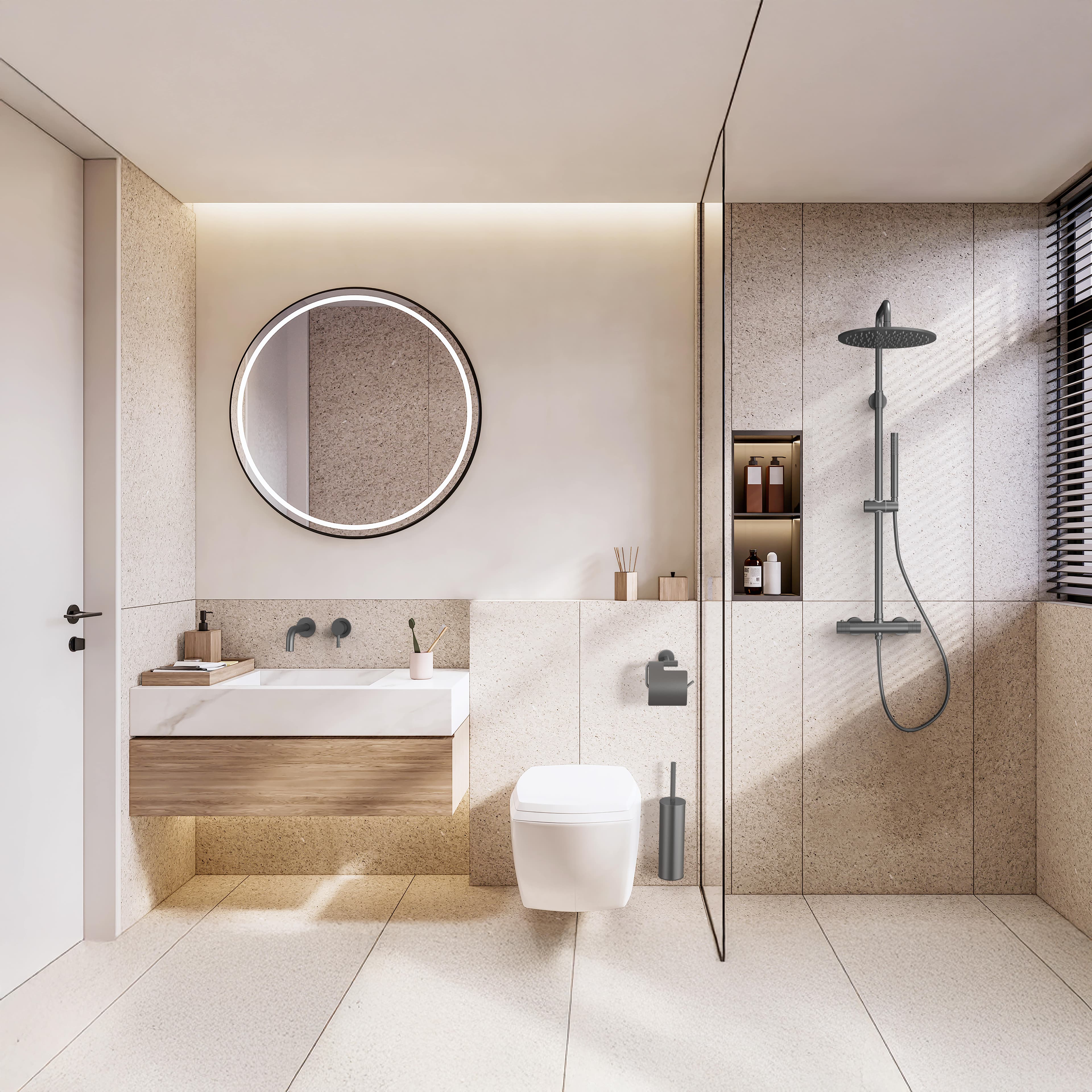 STRIA ÉLÉMENT DE FINITION MITIGEUR LAVABO – DÉMARRAGE À FROID – ENCASTRÉ – POIGNÉE AVEC STRUCTURE STRIÉE RAFFINÉE – SANS BONDE – GUNMETAL (PVD) vue 1