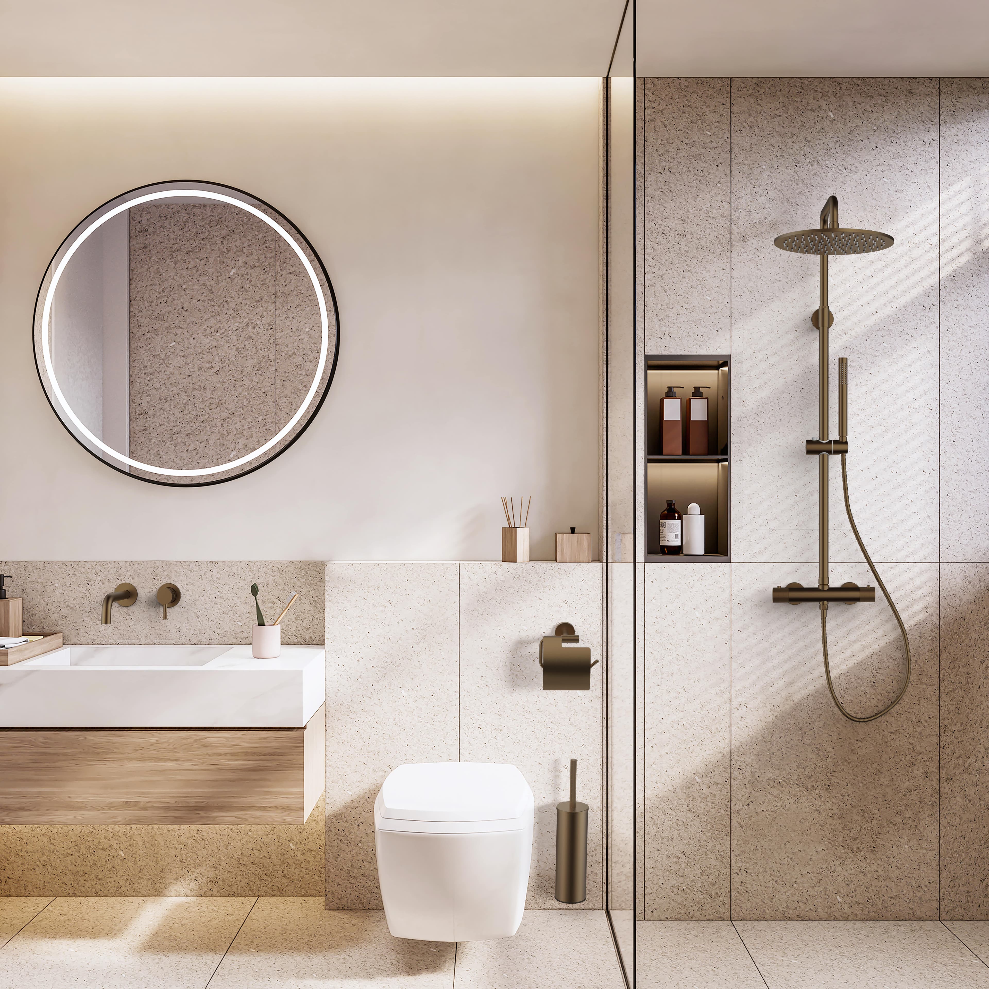 STRIA ENSEMBLE DE DOUCHE PLUIE – THERMOSTATIQUE – COOL TOUCH – DOUCHE DE TÊTE 30 CM – MONTAGE APPARENTE – BOUTONS S AVEC STRUCTURE STRIÉE RAFFINÉE – BELGAQUA - BRUN BRONZÉ (PVD) vue 1