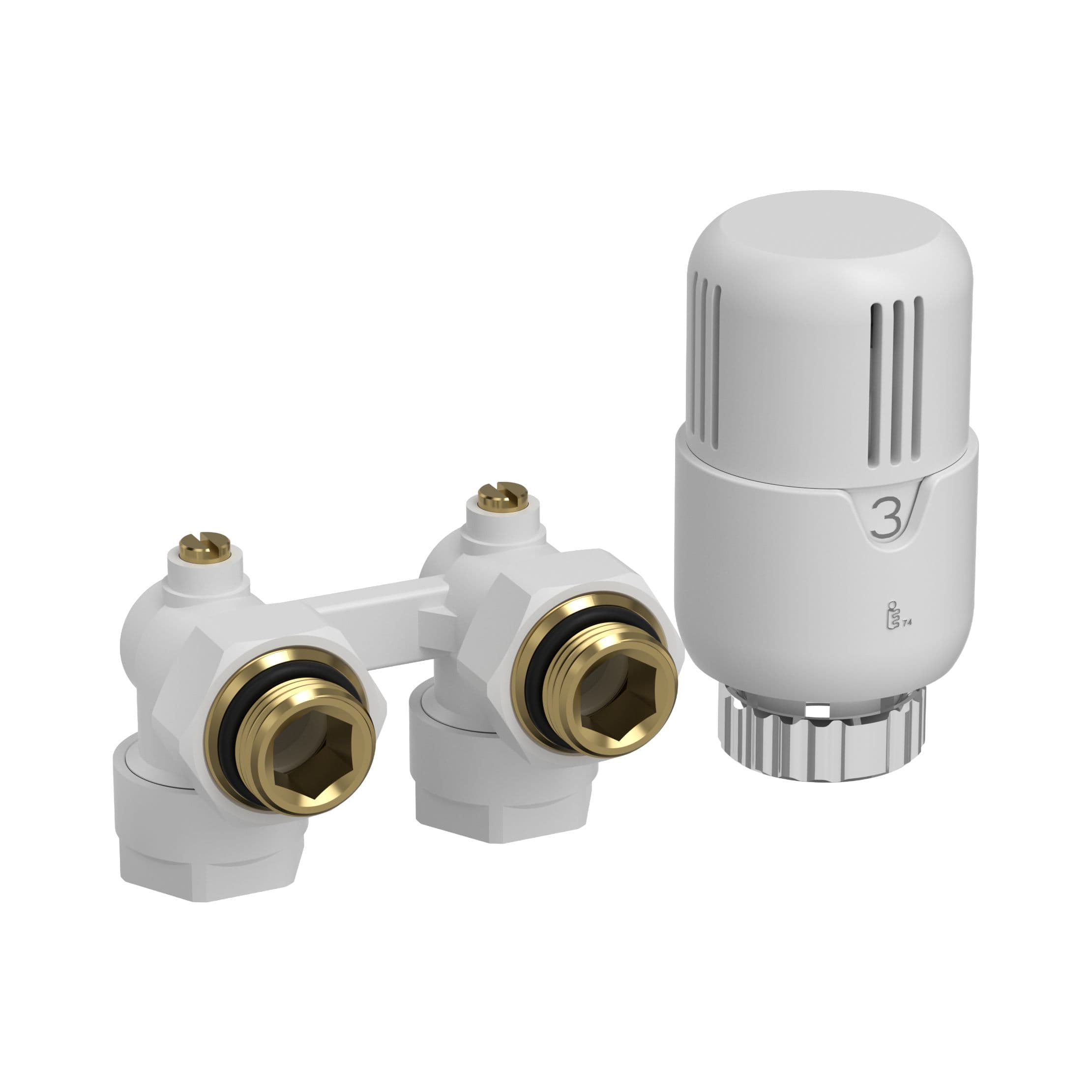 BELRAD H-BLOC – KIT DE RACCORDEMENT DE RADIATEUR COMPLET – AVEC TÊTE THERMOSTATIQUE – EQUERRE – RACCORDEMENT MURAL - M30 – 1/2MX16/2 – BLANC BRILLANT vue 1