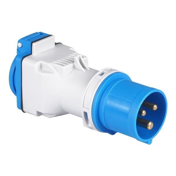 Adaptateur fiche mâle CEE 3 x 16A / 200 - 250Vac - fiche femelle 2 pôles 16A France - Belgique vue 1