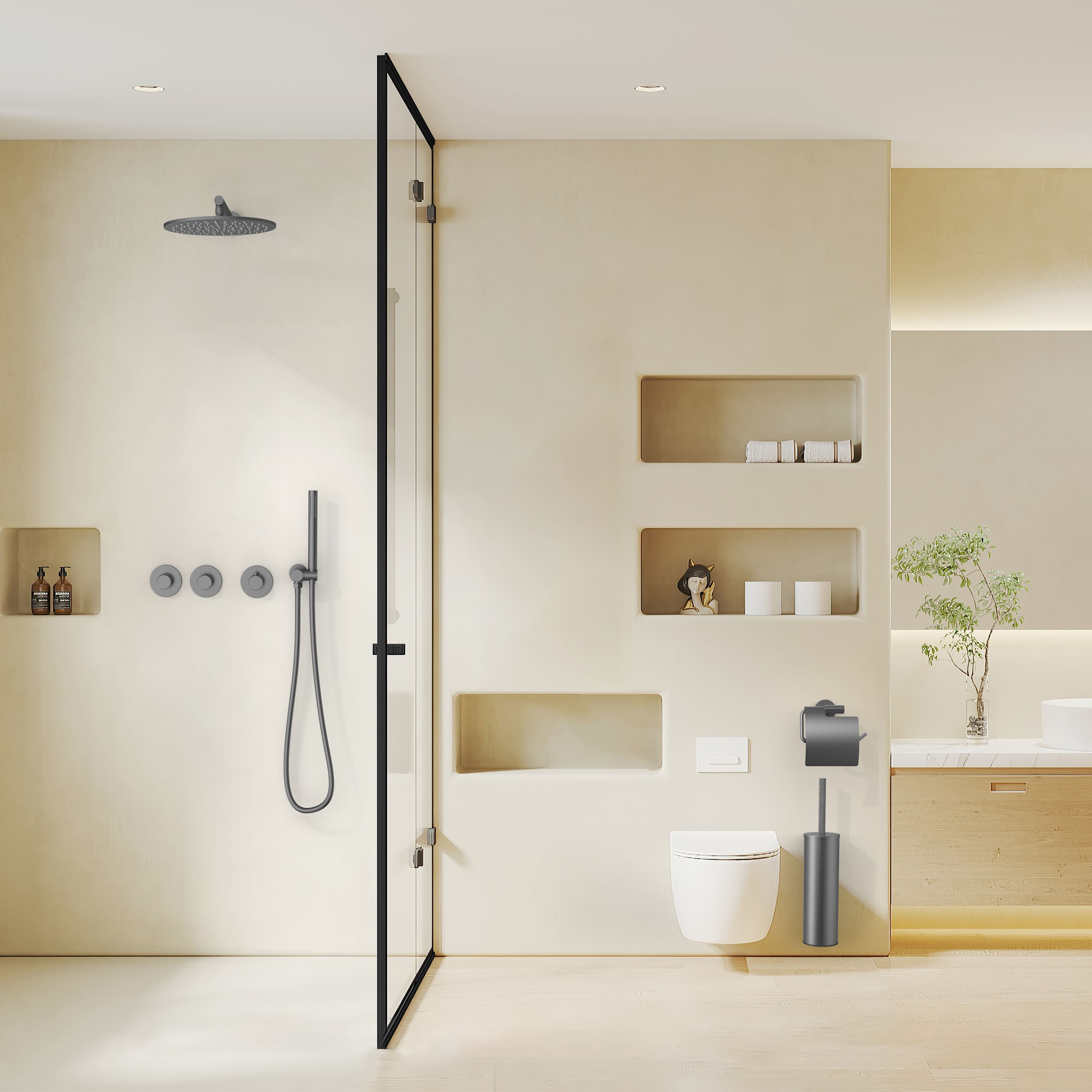 STRIA MITIGEUR DE DOUCHE – 2 VOIES – THERMOSTATIQUE – BOUTONS POUSSOIRS S AVEC STRUCTURE STRIÉE RAFFINÉE – AVEC BOÎTIER D’ENCASTREMENT ET ÉLÉMENT DE FINITION – RECTANG. – BELGAQUA - GUNMETAL (PVD) vue 1