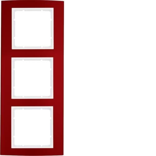 Plaque de recouvrement 3 postes Berker B.3 Alu, Rouge / Blanc polaire vue 1