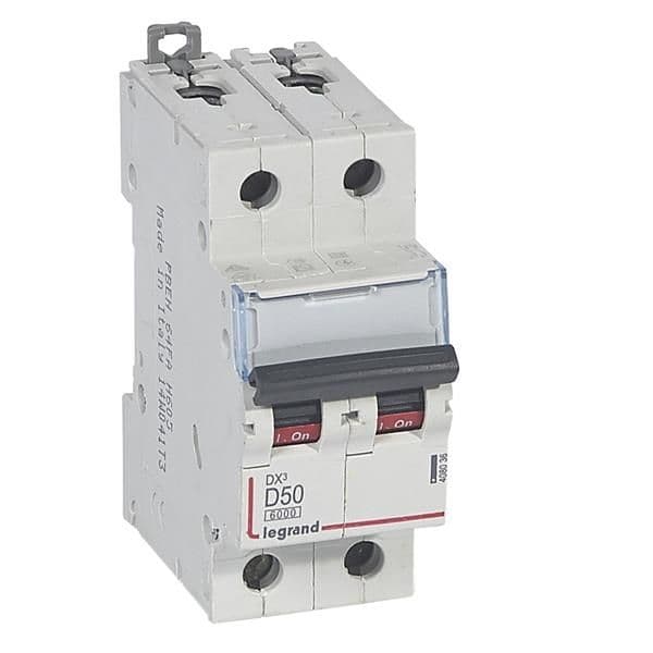 Disjoncteur DX³ 6000A / 10kA 2 pôles courbe D 50A 400V 2 modules vue 1