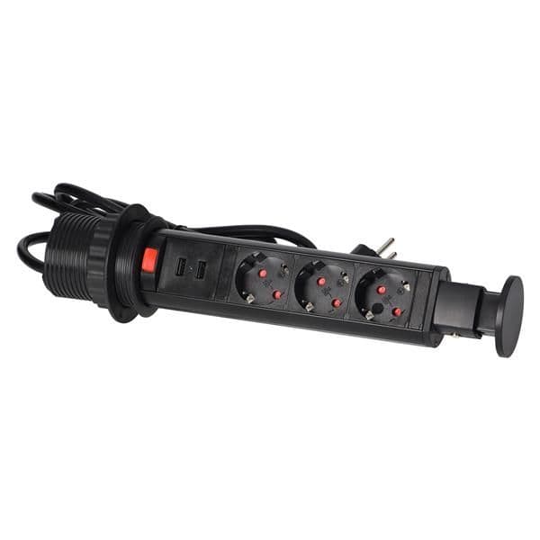 Prise de bureau escamotable Ø 6cm avec chargeurs Usb et câble de 1,8m 3 x prises 16A 3680W IP20 vue 1