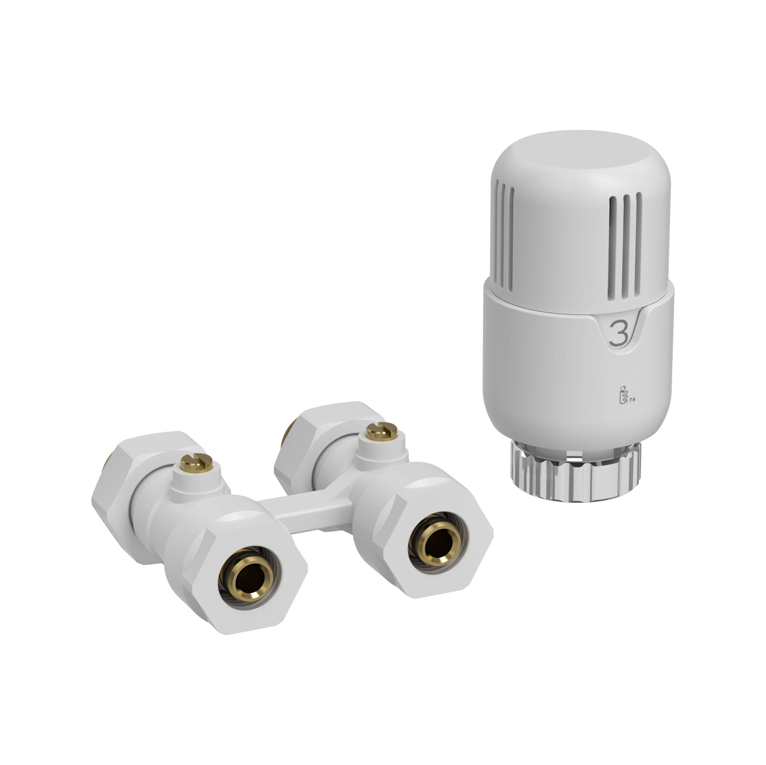 BELRAD H-BLOC – KIT DE RACCORDEMENT DE RADIATEUR COMPLET – AVEC TÊTE THERMOSTATIQUE – DROIT - RACCORDEMENT AU SOL – M30 – 1/2MX16/2 – BLANC BRILLANT vue 1