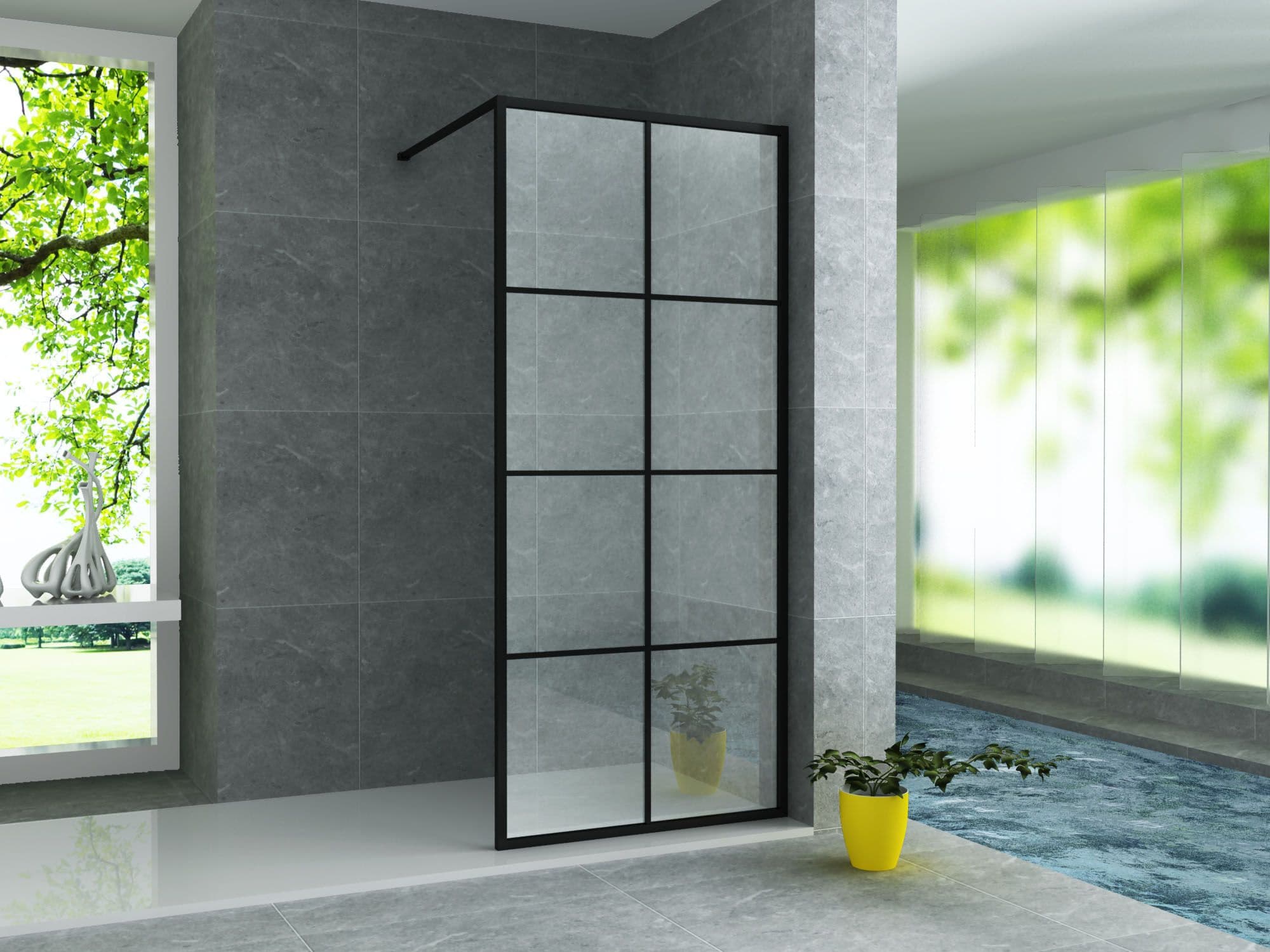 ALONI DOUCHE À L’ITALIENNE AVEC DÉCOR GRILLE - 1000X2000MM - NOIR MAT-VERRE CLAIR vue 1