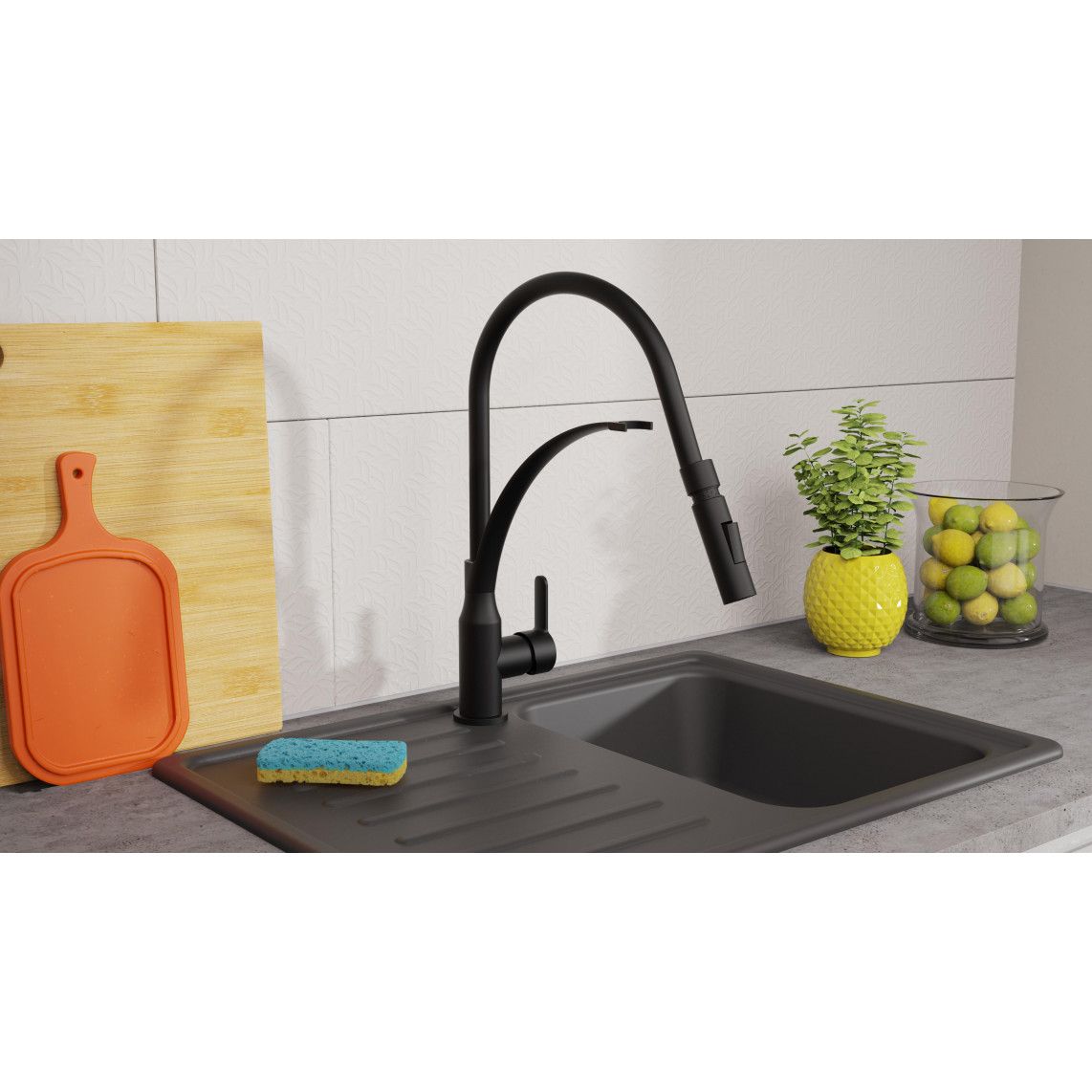 NI183CARB CARNEO Sink mixer, black matt/black, with soft-touch hose vue 9