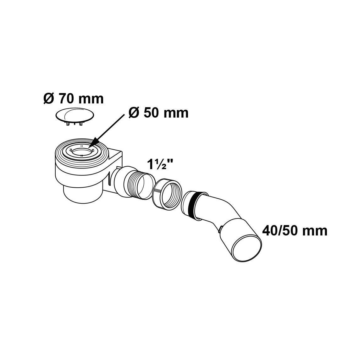 98811318 PP Douche- en badafvoer 50 mm, chroom, 1 1/2" x 40/50 mm, met afdekking, 70 mm vue 2
